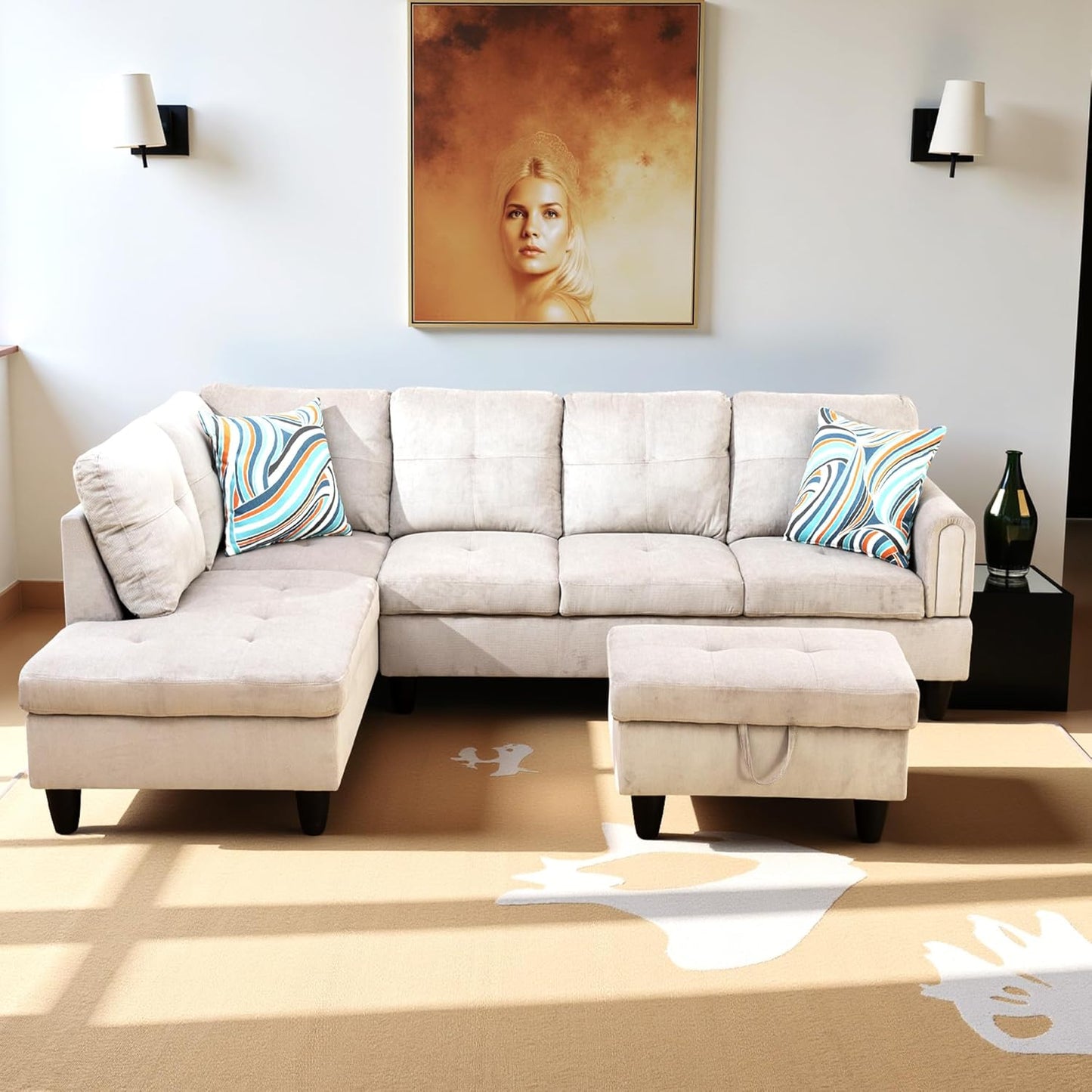 L Shaped Couch Modern Sectional Couch Upholstered Corduroy Fabric 3 Pieces Sofas for Living Room with Chaise, Storage Ottoman for Office and Small Apartment, Grey White