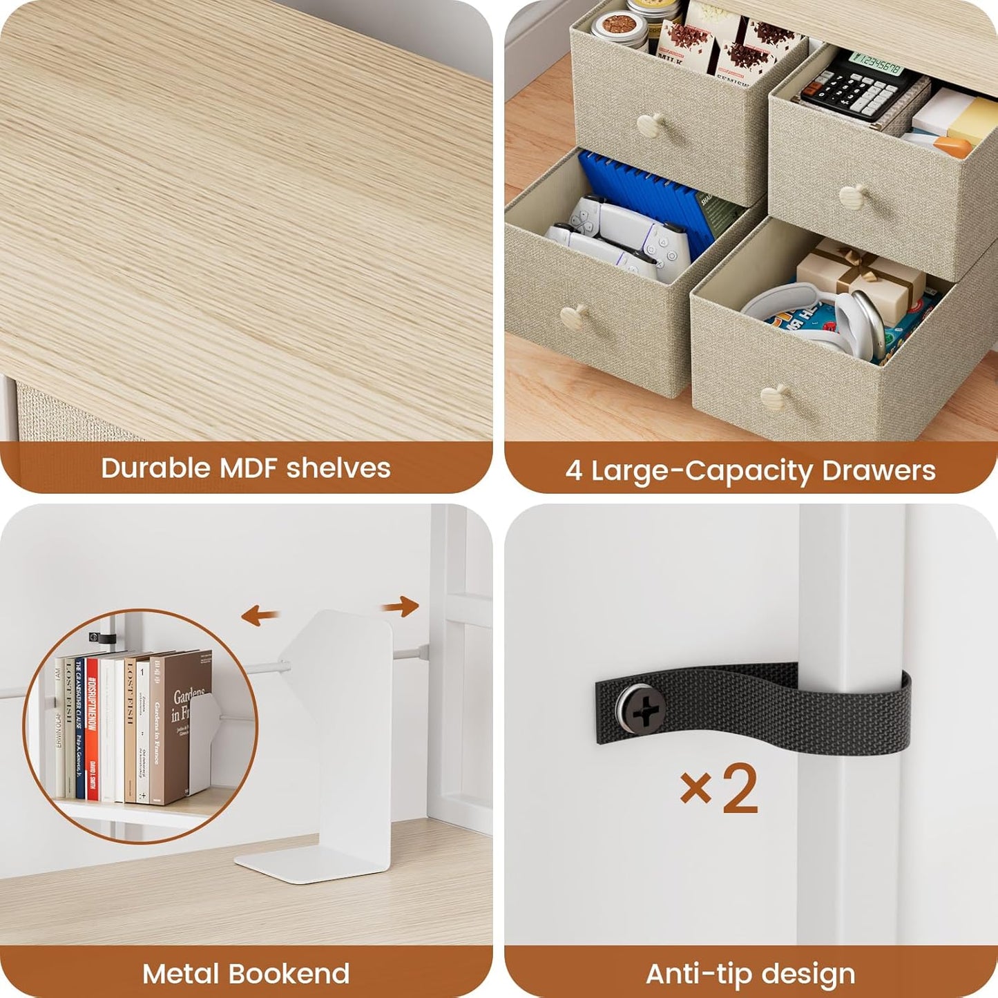 5 Tier Bookshelf, Modern Bookcase with Bookends and 4 Drawers Storage Organizer, Metal Industrial Display Shelf, Free Standing Storage Shelving Unit for Bedroom, Living Room and Home Office