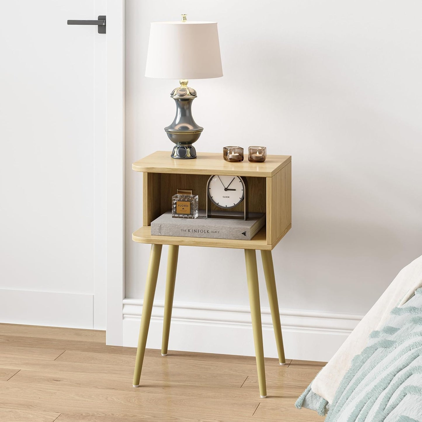 Natural Nightstand Set of 2, Small Bed Side Table for Small Spaces, Mid Century Modern Nightstand End Table with Open Storage, Side Table for Bedroom Living Room, MLBZ20Y-2