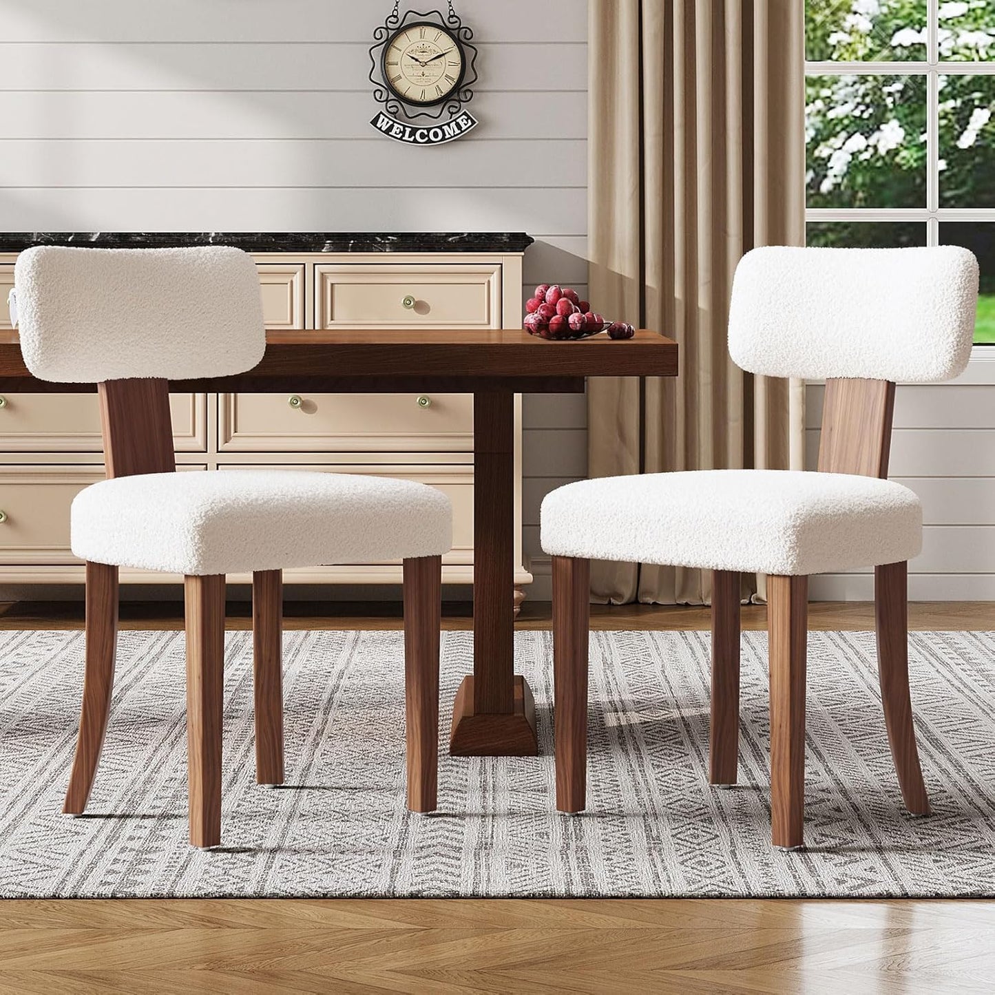 Farmhouse Chair Set of 2, Mid Century Modern Dining Chairs, Sherpa Upholstered Kitchen Chairs with Curved Backrest & Adjustable Legs for Living Room/Bedroom, Easy to Install, White Sherpa