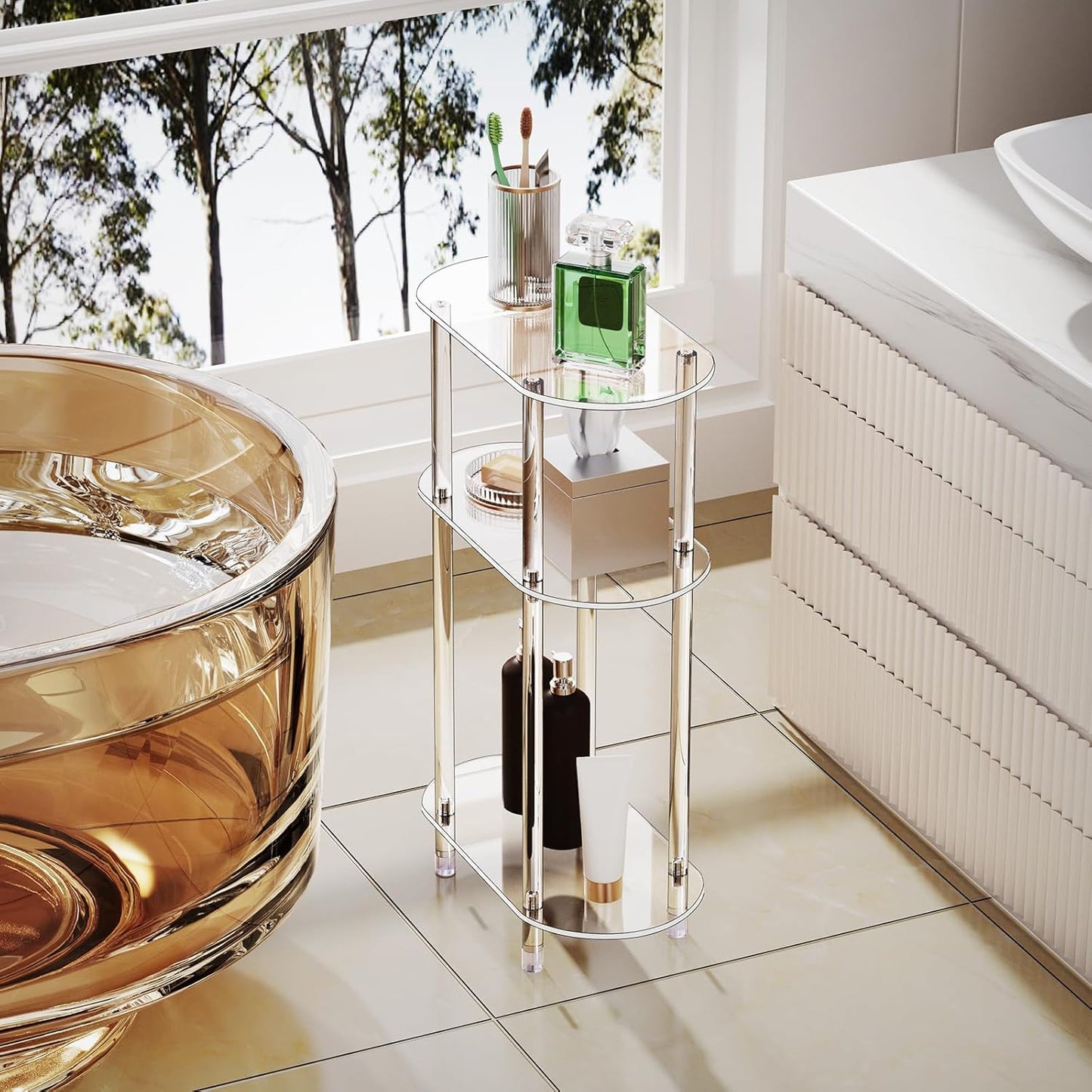 Clear Acrylic Narrow Side Table for Small Spaces, 15.75" L x 7.87" W x 24.6" H, 3 Tier Oval Slim End Table Nightstand, Small Minimalist Skinny Bedside Table for Bedroom, Bathroom, Living Room