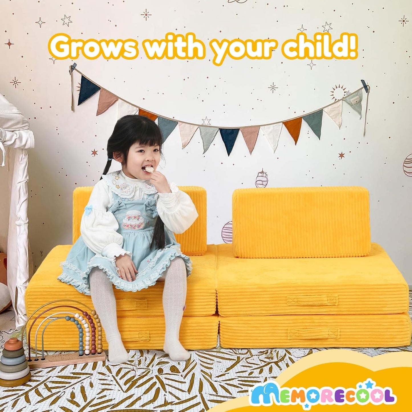 MeMoreCool Kids Couch for Playroom, Corduroy Convertible Toddler Couch, 8 Piece Modular Play Sofa, Foam Fort Building Set for Child Room Furniture, Yellow