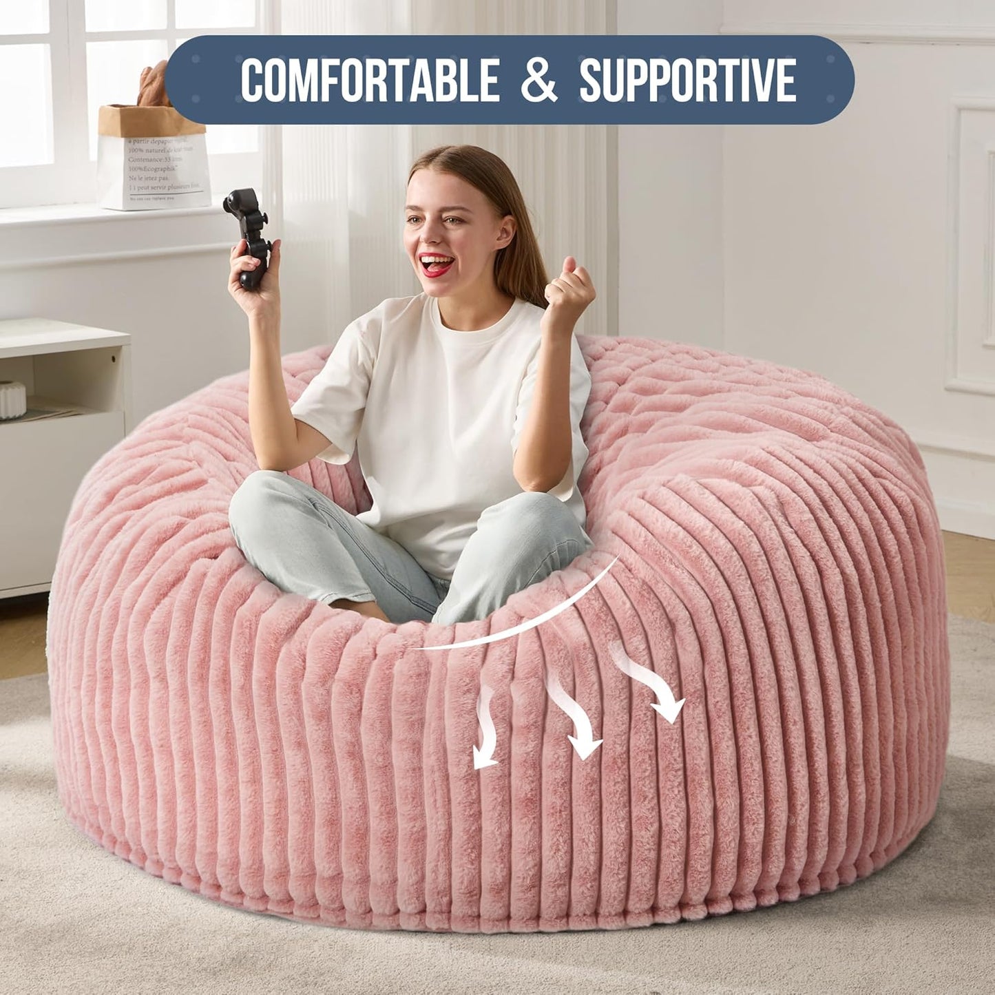 5ft Bean Bag Chairs for Adults Large Beanbag Chair with Stripe Plush Cover Big Bean Bag Chair for Living Room Bedroom Dorm Office