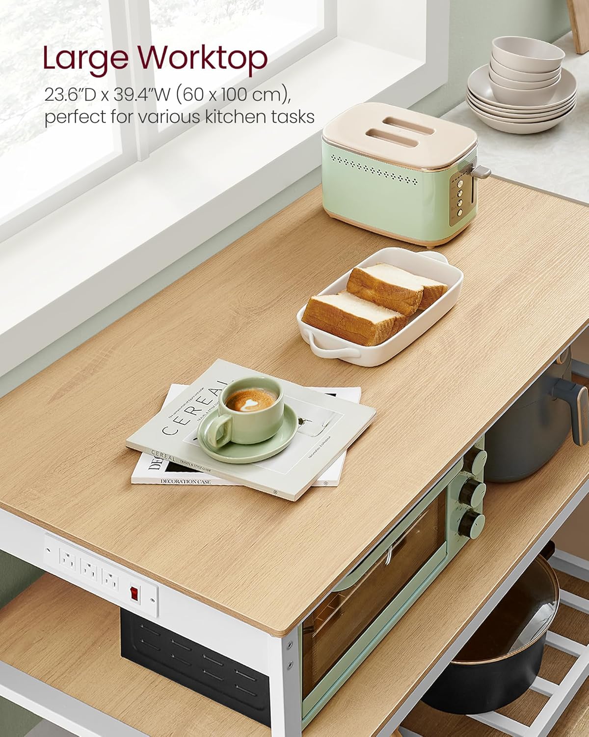 VASAGLE Kitchen Island with 3 Shelves, 39.4 Inches Width Kitchen Shelf with Power Strip, Large Worktop, Stable Steel Structure, Industrial, Easy to Assemble, Golden Oak and White UKKI105Y01