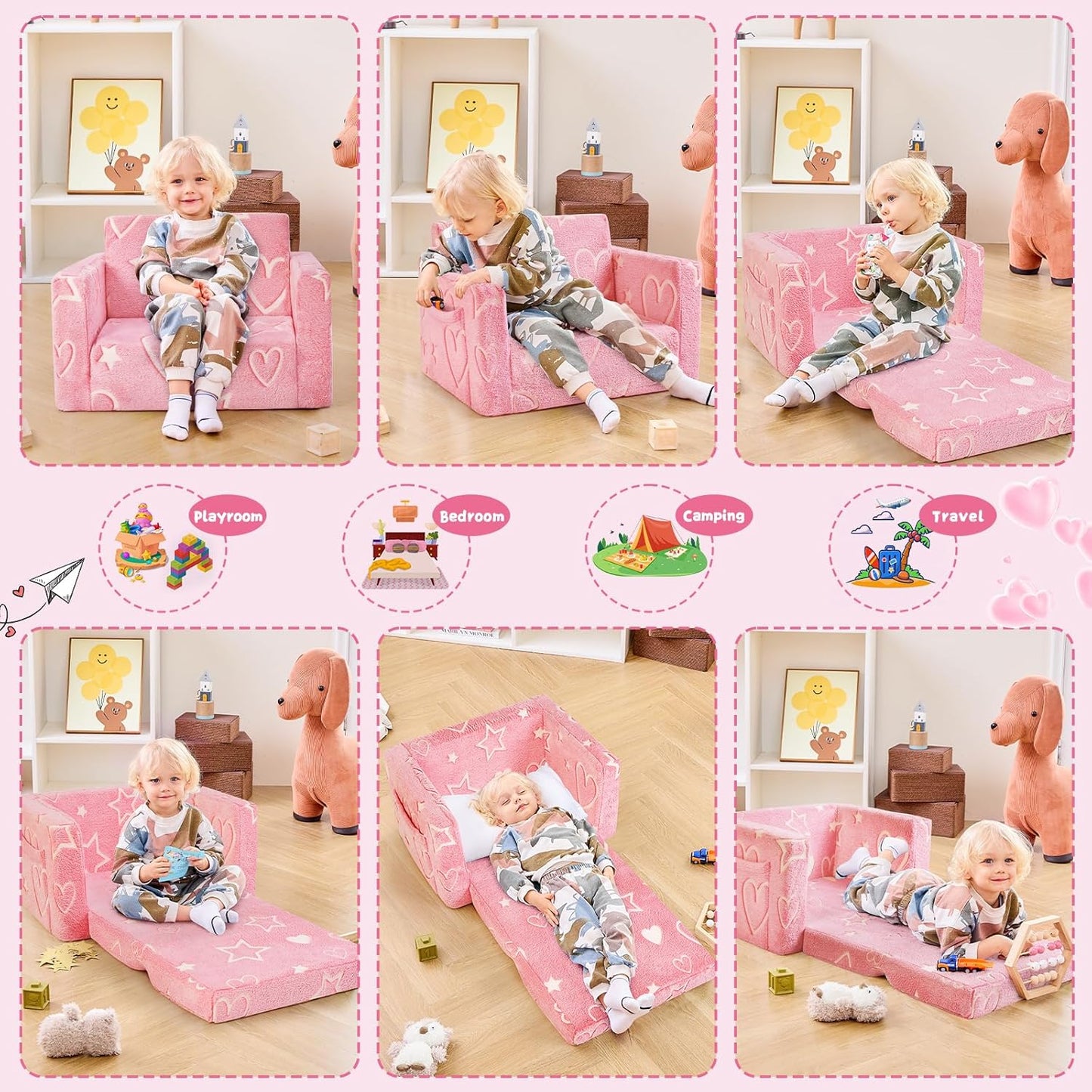 Toddler Chair Comfy,2-in-1 Soft Toddler Couch Fold Out for Kids,Convertible Sofa to Lounger,Gift for Girls and Boys Birthday,Heart,Medium