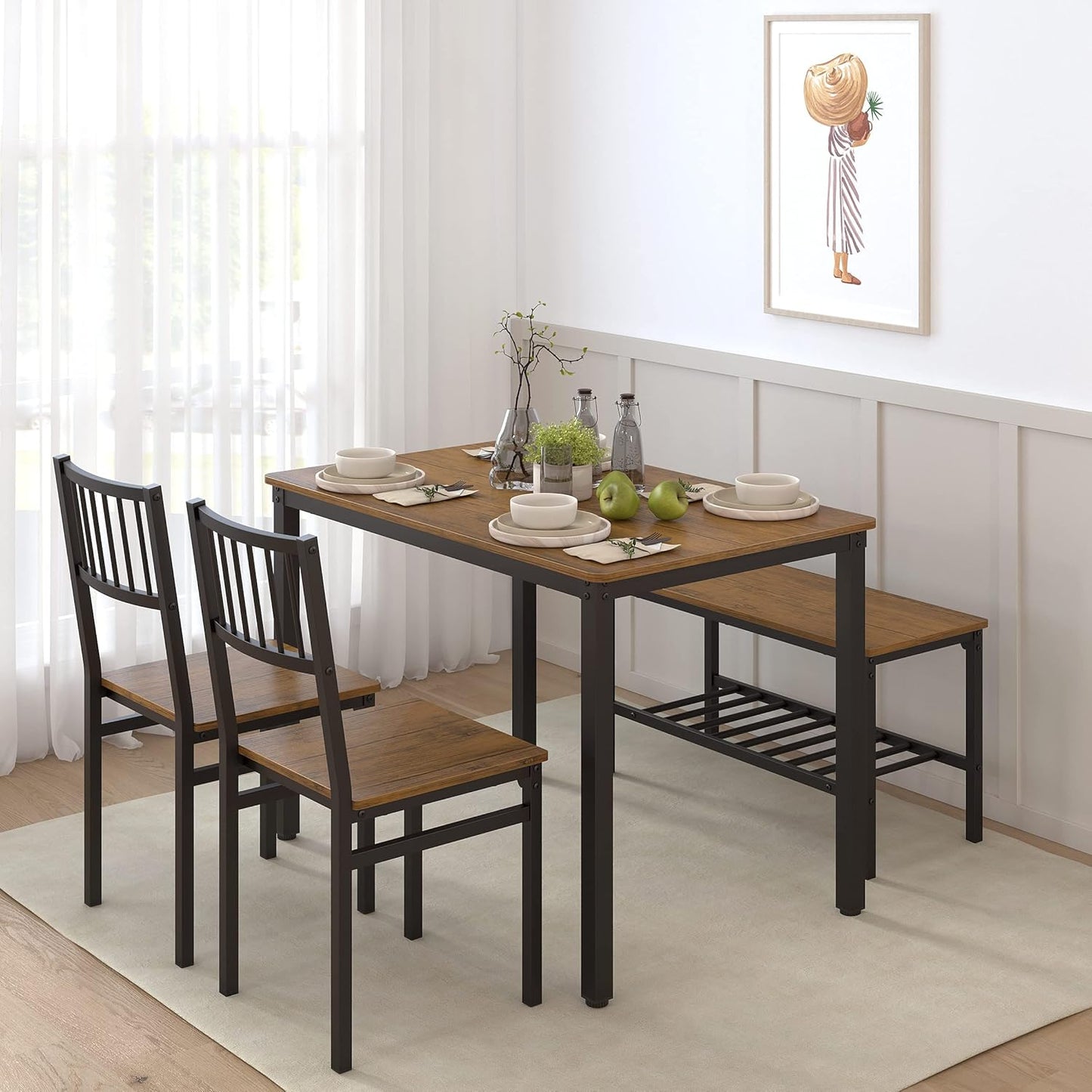 Teraves Dining Table Set for 4/Computer Desk,Kitchen Table with 2 Chairs and a Bench,Table and Chairs Dining Room Set 4 Piece Set for Dining Room (Teak, 120CM)