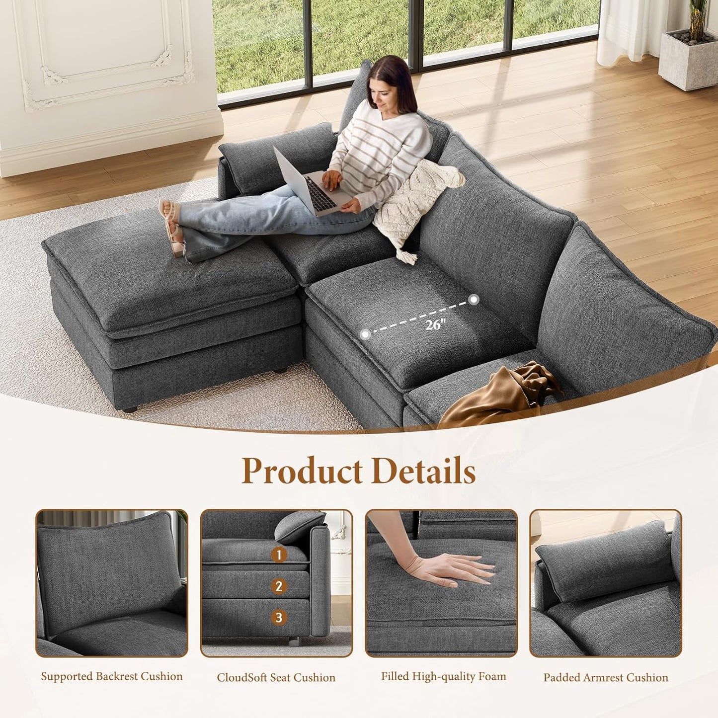 Vesgantti Large Modular Sectional Sofa, Big Comfy Cloud Couch with Ottoman Deep Seat Chenille Cloud Sofa, 9 Seater Large Sectional Couches for Living Room, Bedroom and Apartment, Gray