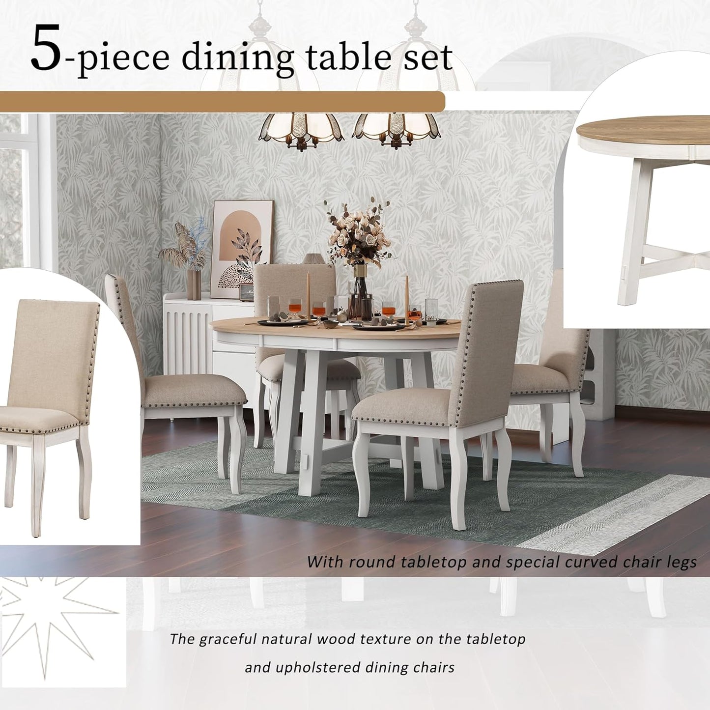 Merax 5-Piece Farmhouse Dining Furniture Set, Wooden Round Extendable Table, and 4 Upholstered Chairs, Antique White