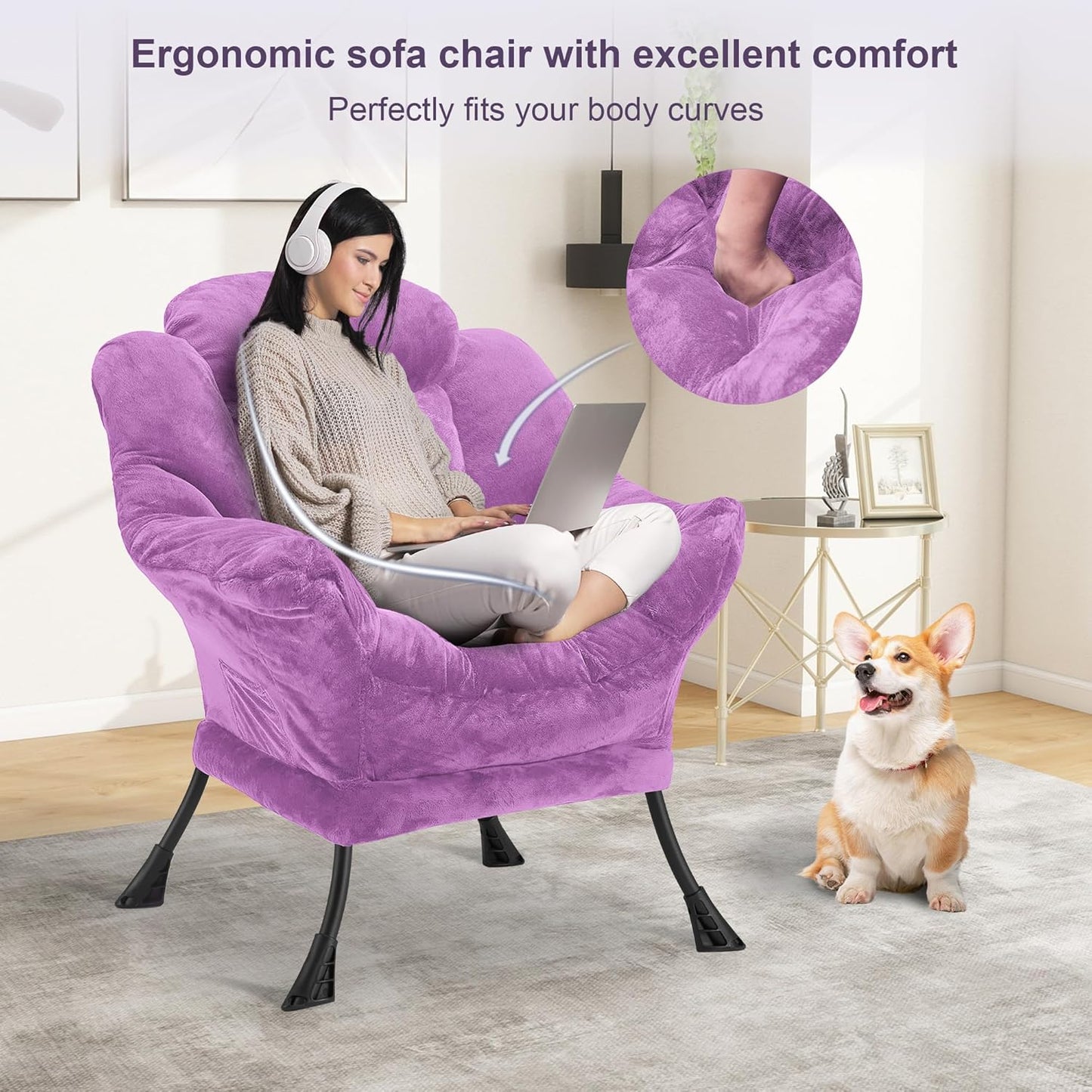 Fabric Lazy Chair for Adults, Oversized Upholstered Sofa Chair, Plush Comfy Lounge Chair with Large Side Storage Pocket, Thick Padded Reading Chair for Living Room, Bedroom, Office, Purple