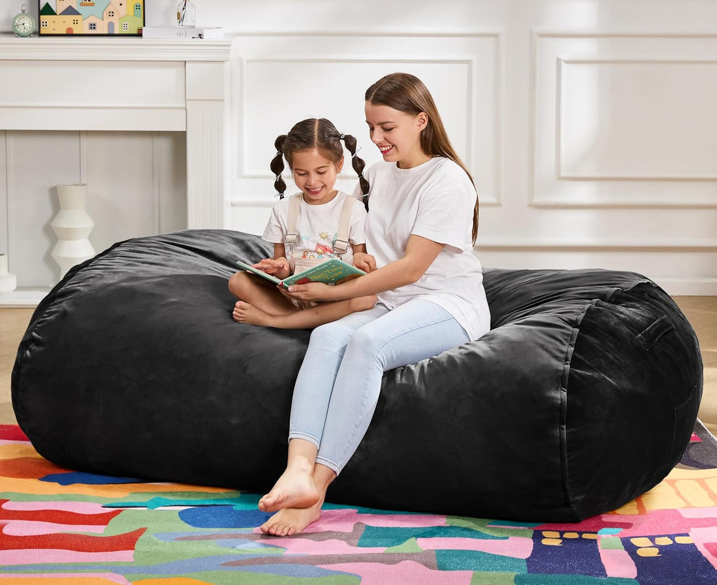 Hobestluk 5FT Bean Bag Chair Large Beanbag Lounger with Removable Cover Adult Bean Bag Chair with Portable Handle Desgin for Living Room Bedroom (Black, 5FT)