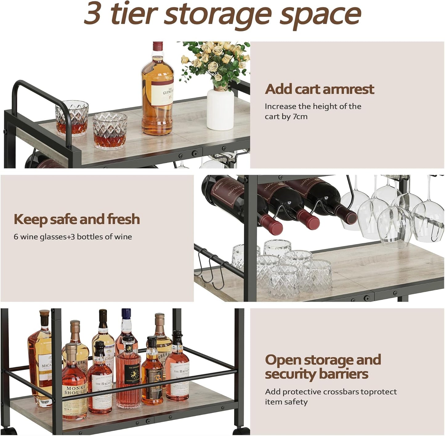 Home Bar Serving Cart, Serving Cart with Wheels and Handle, 3 Tier Rolling Kitchen Cart, MicrowaveCart, Beverage Cart with Wine Holder and Glass Holders, for Dinning Room, Living Room, Kitchen,Greige