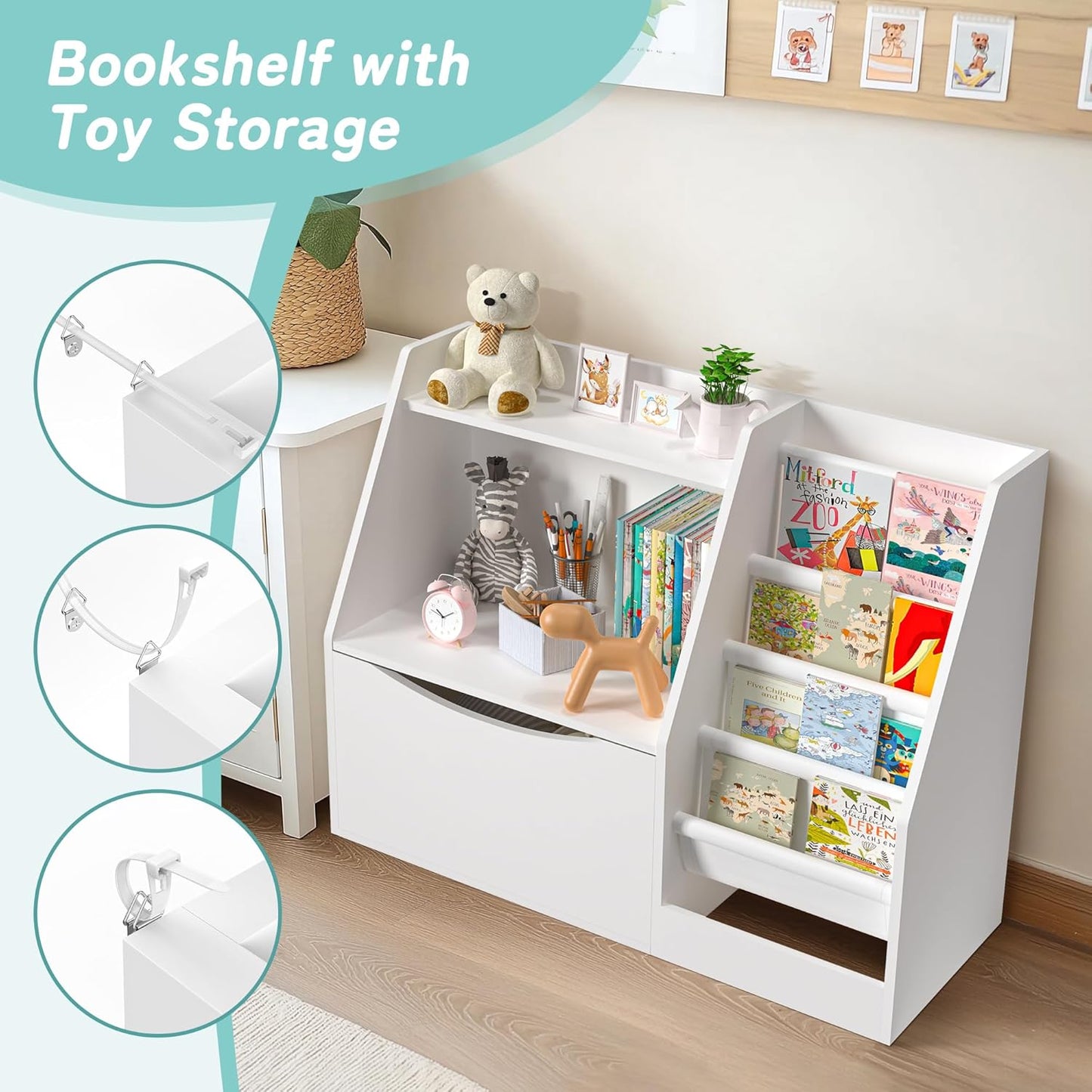 TOETOL 2 Tier Kids Bookshelf and Book Storage，4 Sling Toddler Bookshelf, Storage Boxes Book Shelf & Organizer for Nursery Playroom Classroom Library Bedroom White