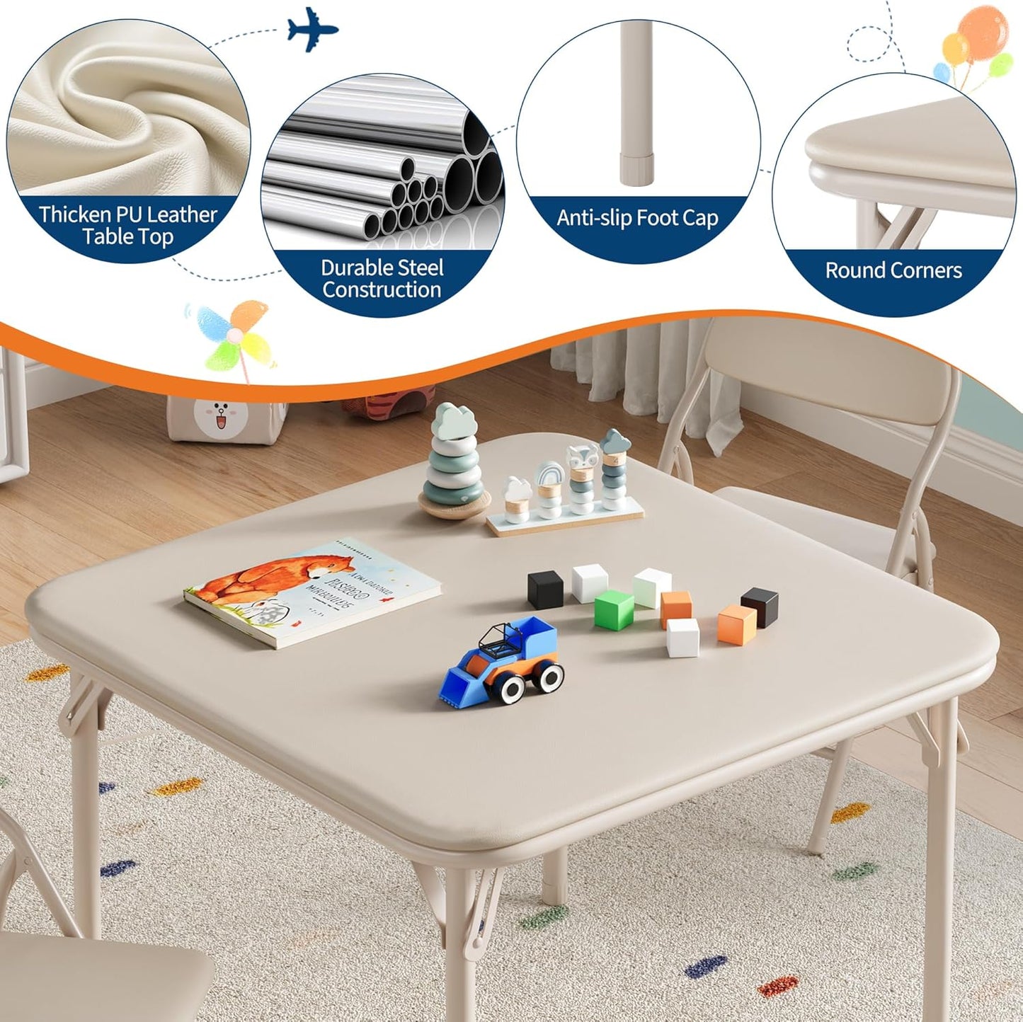 GarveeHome 3-Piece Kids Folding Table and Chairs Set, Toddlers Children's Activity Table and Chairs Set for Dining Room,Daycare,Classrooms