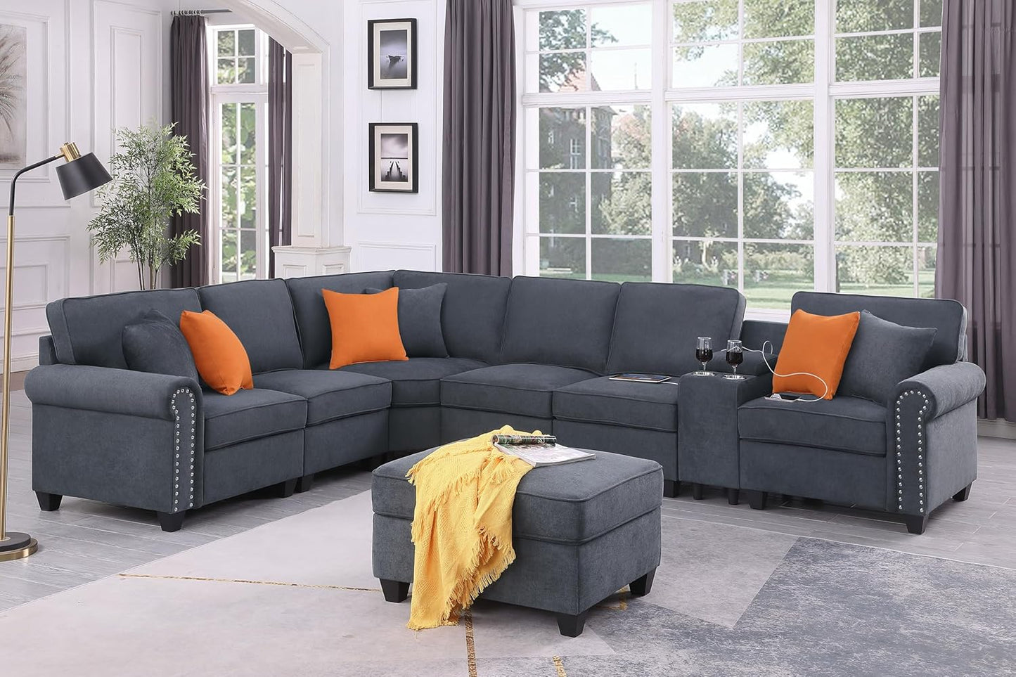 127" Modular Sectional Sofa with Movable Ottoman&Nailhead Trim Armrest,L-Shape Convertible Couch W/Cup Holder,USB Port&Hidden Storage Box,7 Seat Chenille Sectionals,6 Pillow,for Living Room,Gray