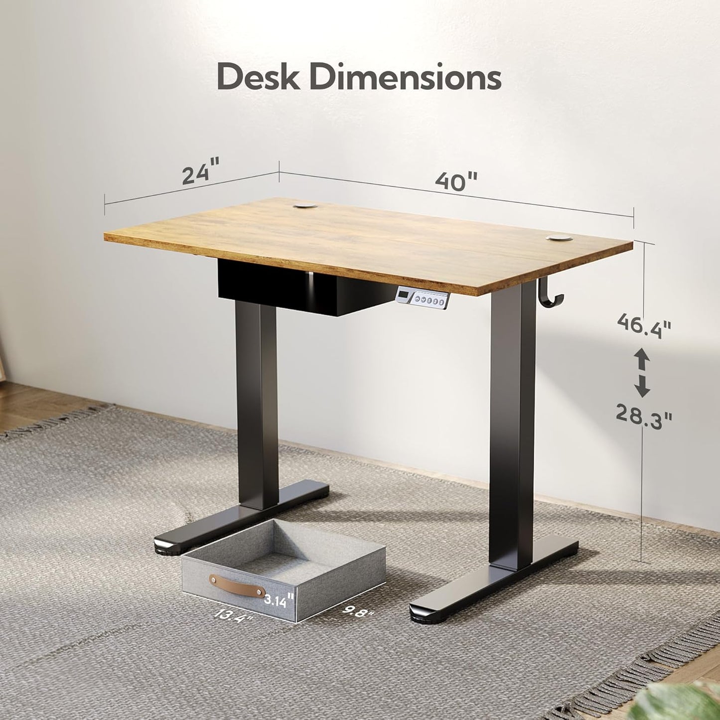 Seang Standing Desk with Drawer, 40" x 24" Height Adjustable Stand Up Desk, 3 Memory Height Settings with Cable Grommets & Storage Hooks, Ideal for Home & Office, Rustic Brown