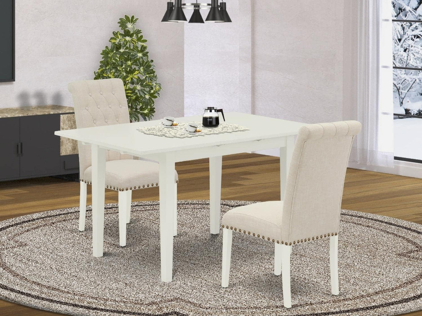 East West Furniture NOBR3-LWH-02 3 Piece Kitchen Table Set Contains a Rectangle Dining Room Table with Butterfly Leaf and 2 Light Beige Linen Fabric Parsons Chairs, 32x54 Inch, Linen White