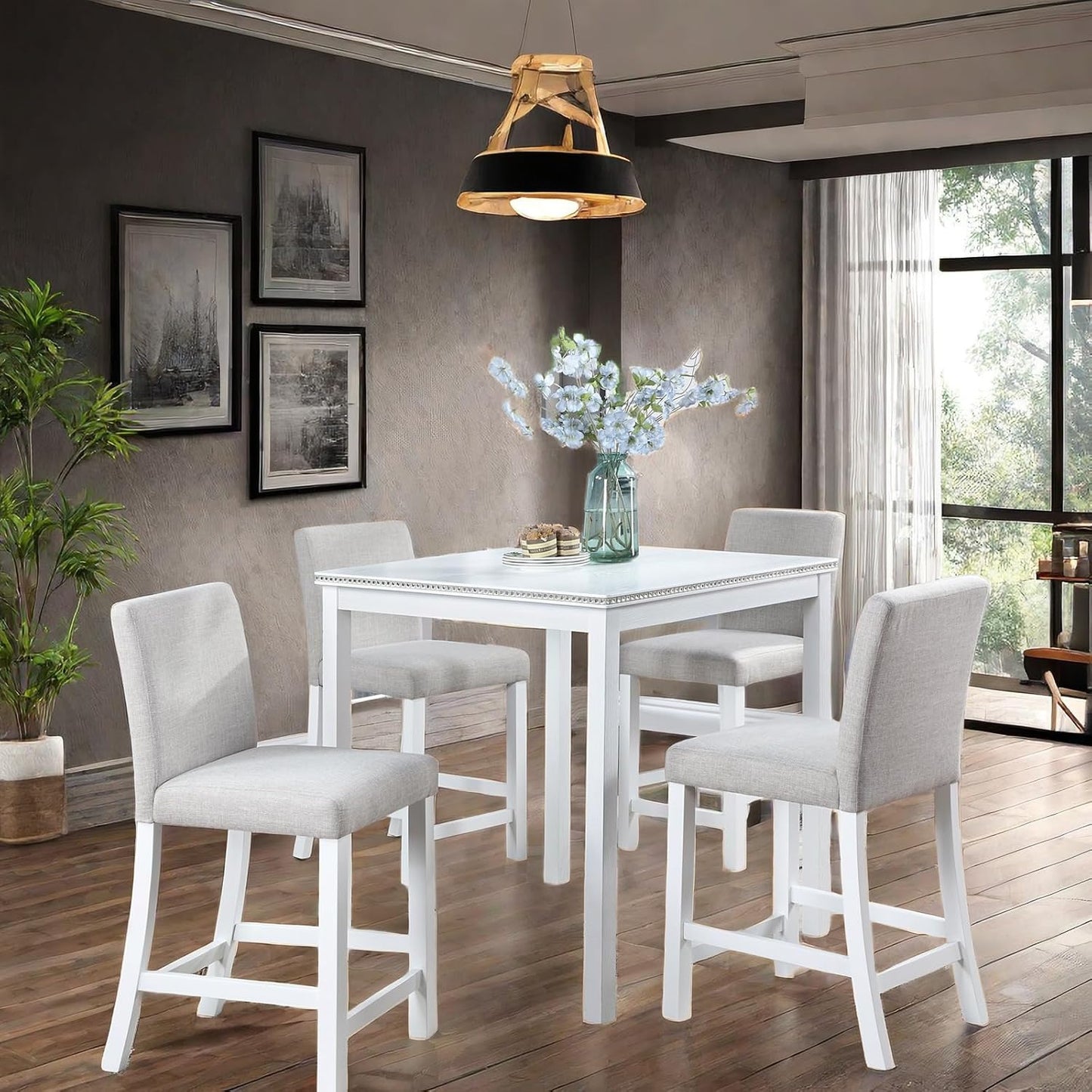 5PCS Modern White Counter Height Dining Table Set, Square Table with Crystal Decoration and 4 Upholstered Chairs for Kitchen, Dining Room