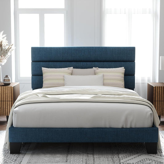 Allewie Queen Size Platform Bed Frame with Fabric Upholstered Headboard and Wooden Slats Support, Fully Upholstered Mattress Foundation/No Box Spring Needed/Easy Assembly, Navy Blue
