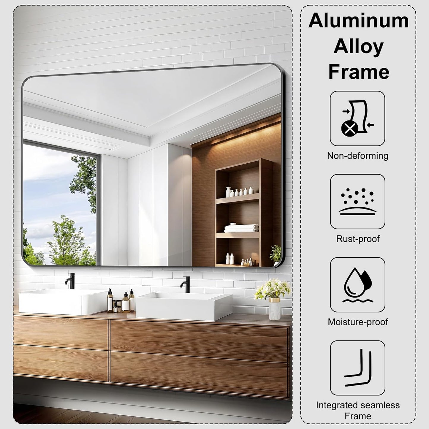 KOCUUY Black Bathroom Mirror 55"x40", Large Vanity Mirror with Rounded Corner, Metal Black Frame with Mordern Design for Bathroom, Living Room, Entryway, Hang Horizontal/Vertical