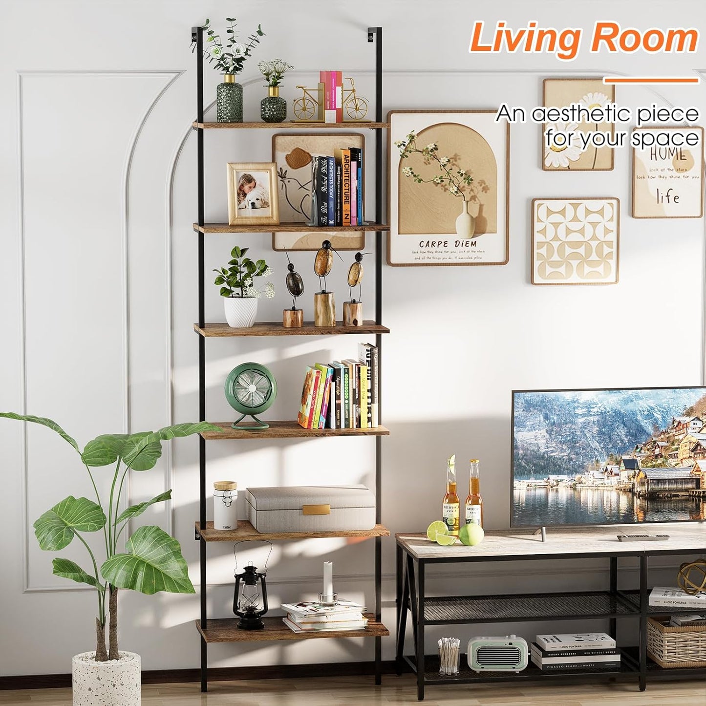 Bookcase Rustic Brown 6 Tiers Modern Bookshelf Room Organizer Open Tall Wall Mount Bookcase Standing Leaning Wall Shelves Industrial Decorative Living Room Bed Room (Rustic Brown)