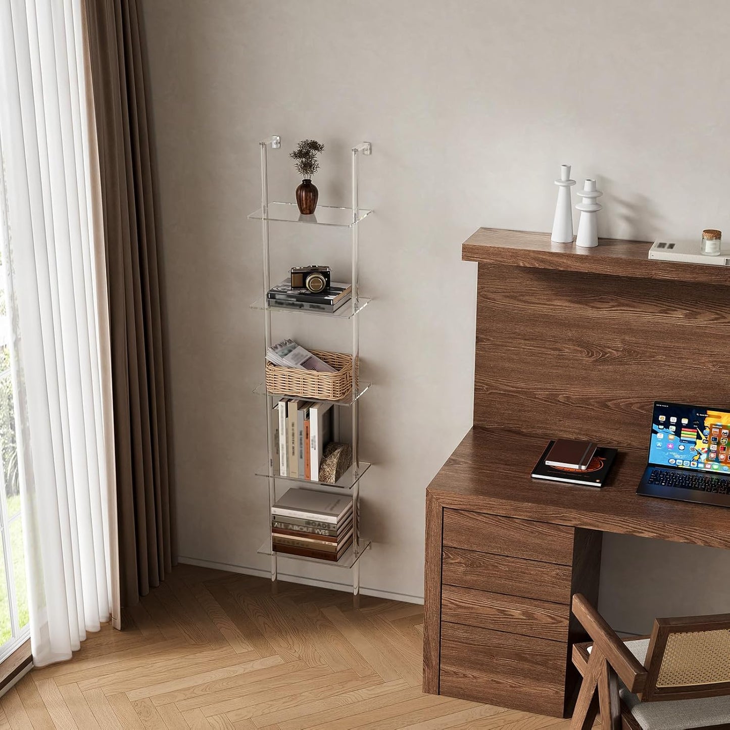 Small Acrylic Ladder Bookshelf, 9.5" D x 15.6" W, 5-Tier Clear Wall Mounted Book Shelf for Small Spaces, Multipurpose Bookcase for Living Room, Bathroom, Office, Modern, 73" H