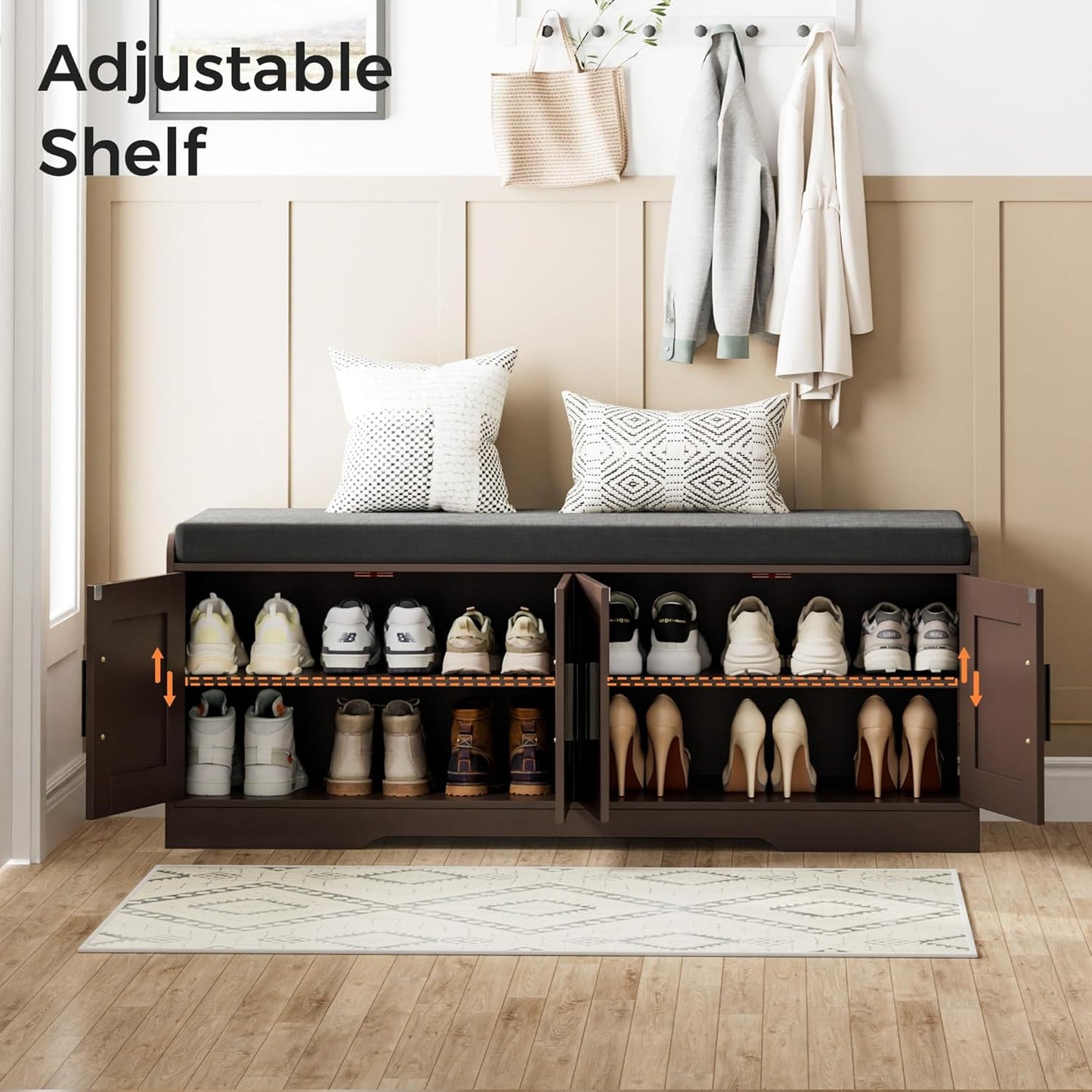 2-Tier Storage Bench, Shoe Bench with Thickened Padded Seat Cushion, Entryway Bench with 4 Doors, Adjustable Shelf, 13.8" D x 45.3" W x 18.5" H, for Entryway, Living Room, Bedroom, Brown