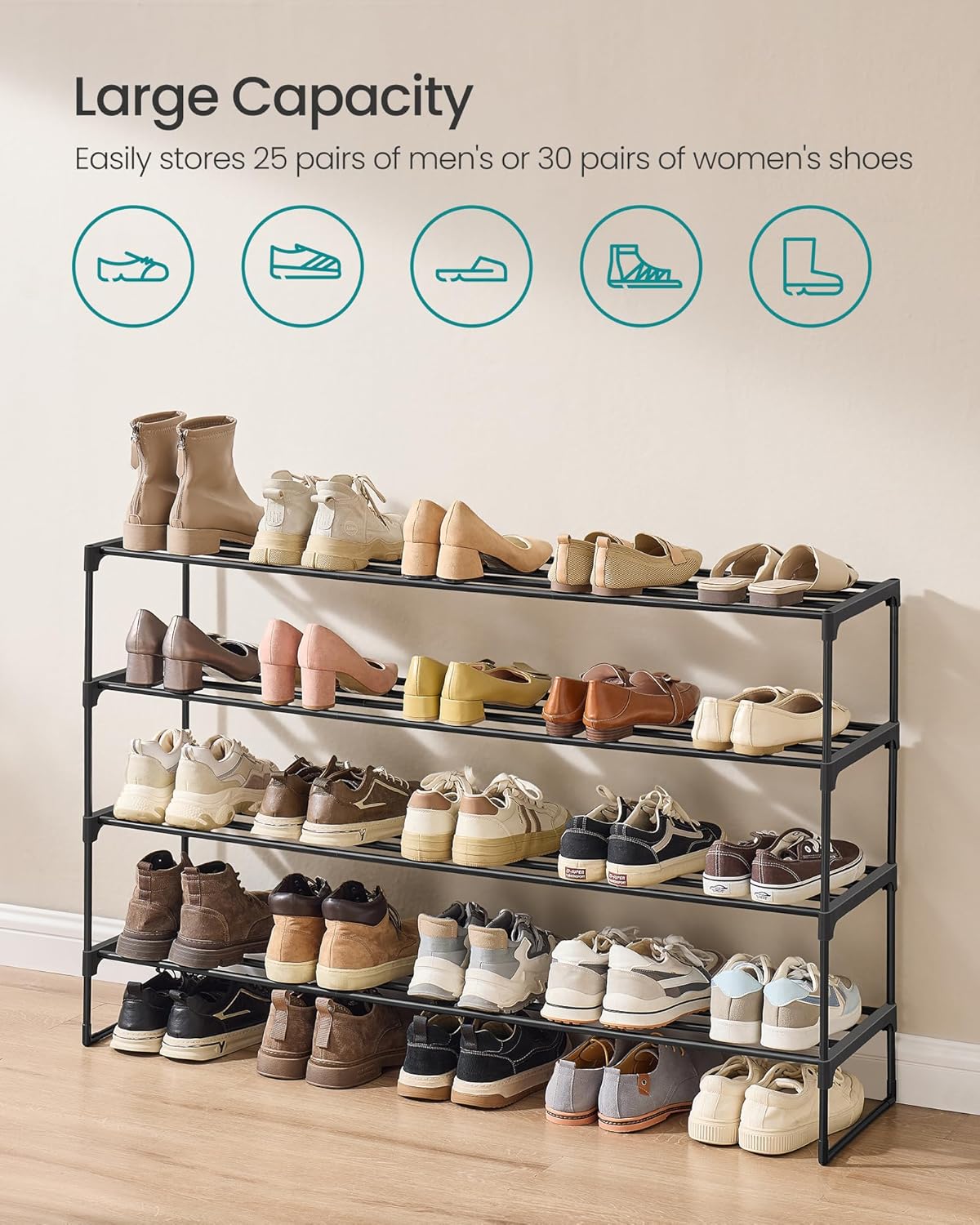 SONGMICS Shoe Rack, 4-Tier Shoe Organizer, Metal Storage Shelf, Upright or Upside Down, for 25-30 Pairs, Stackable, for Entryway, 11.8 x 46.1 x 29.5 Inches, Black ULSA034B01