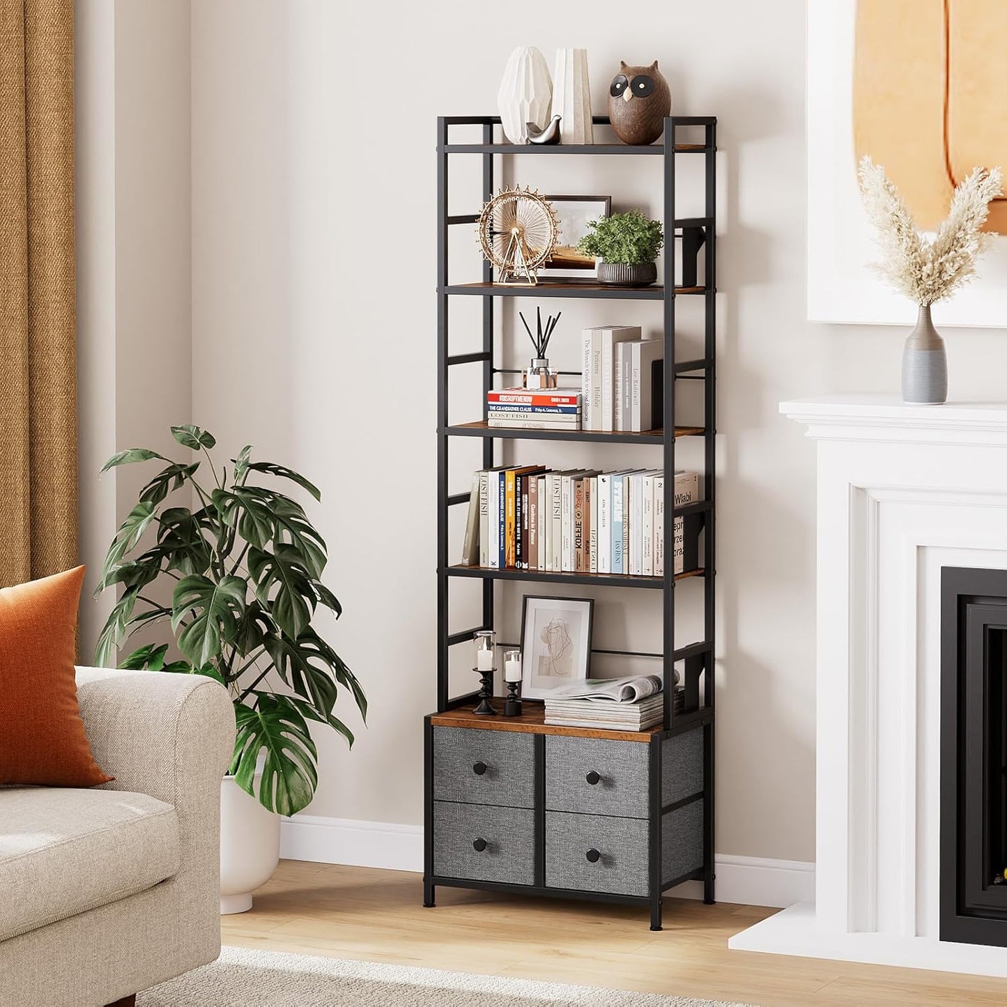 5 Tier Bookshelf, Modern Bookcase with Bookends and 4 Drawers Storage Organizer, Metal Industrial Display Shelf, Free Standing Storage Shelving Unit for Bedroom, Living Room and Home Office