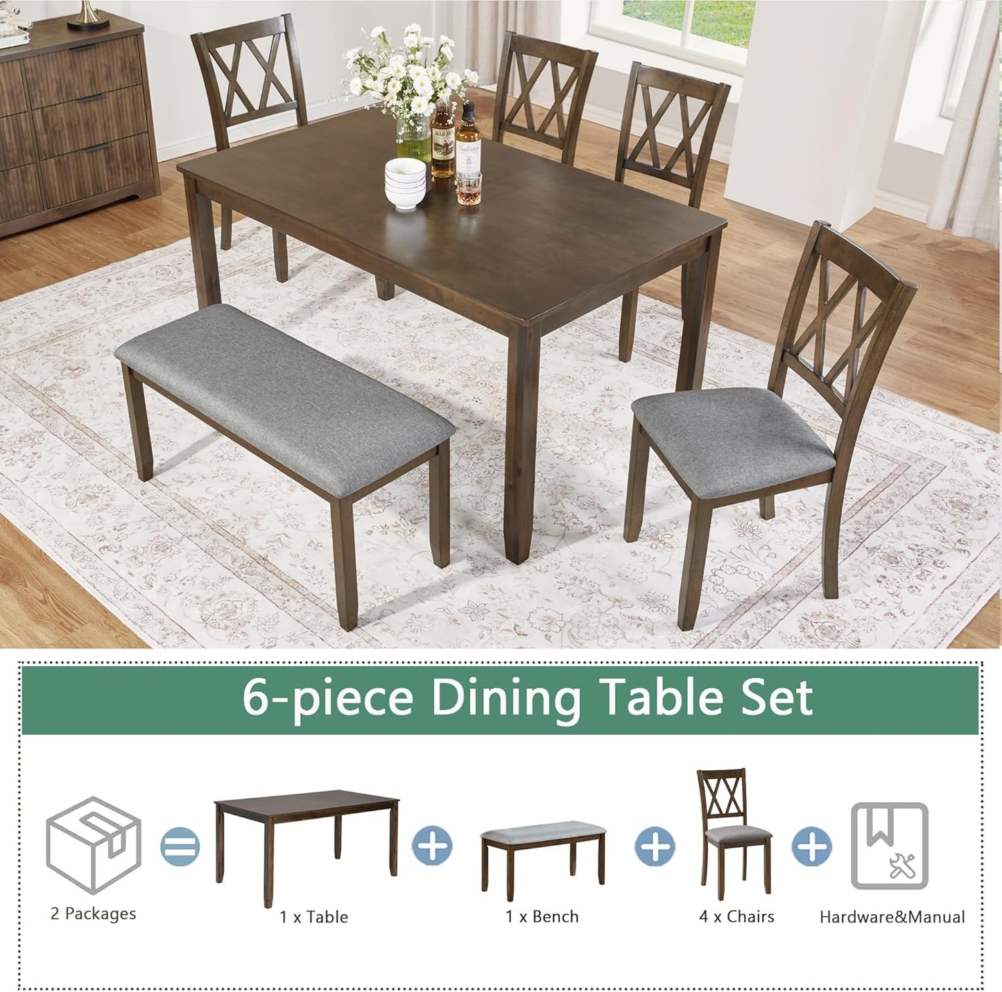 soges 6 Piece Kitchen Dining Set, Rectangular Wooden Dining Table with 4 Upholstered Chairs and a Bench, Morden Dining Table Set for 6 People, Living Room, Home and Kitchen, Walnut