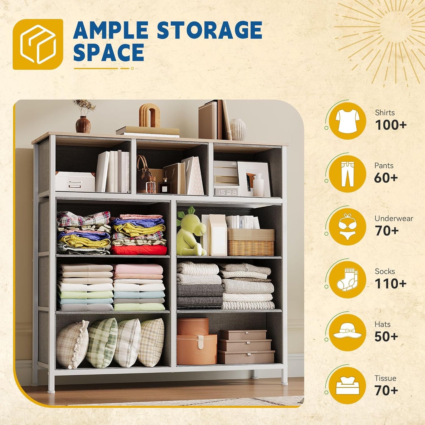 DWVO 9 Drawer Dresser, Light Gray Fabric Storage Tower, Tall Organizer Unit for Room, Living Room, Hallway, Closets - Sturdy Steel Frame, Wooden Top & Easy Pull Bins