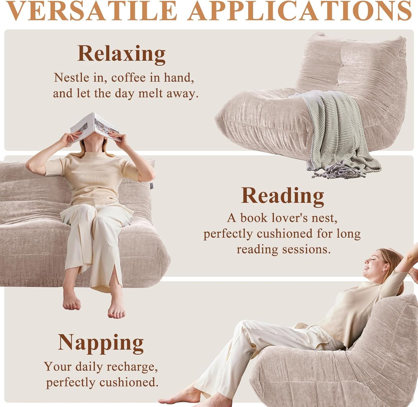 Bean Bag Chair, 3 Seater Fireside Chair Large Bean Bag Sofa for Adults, Memory Foam Chair Gaming Chairs with Comfy Design & Soft Fabric, Lazy Floor Sofa for Living Room, Bedroom, Beige