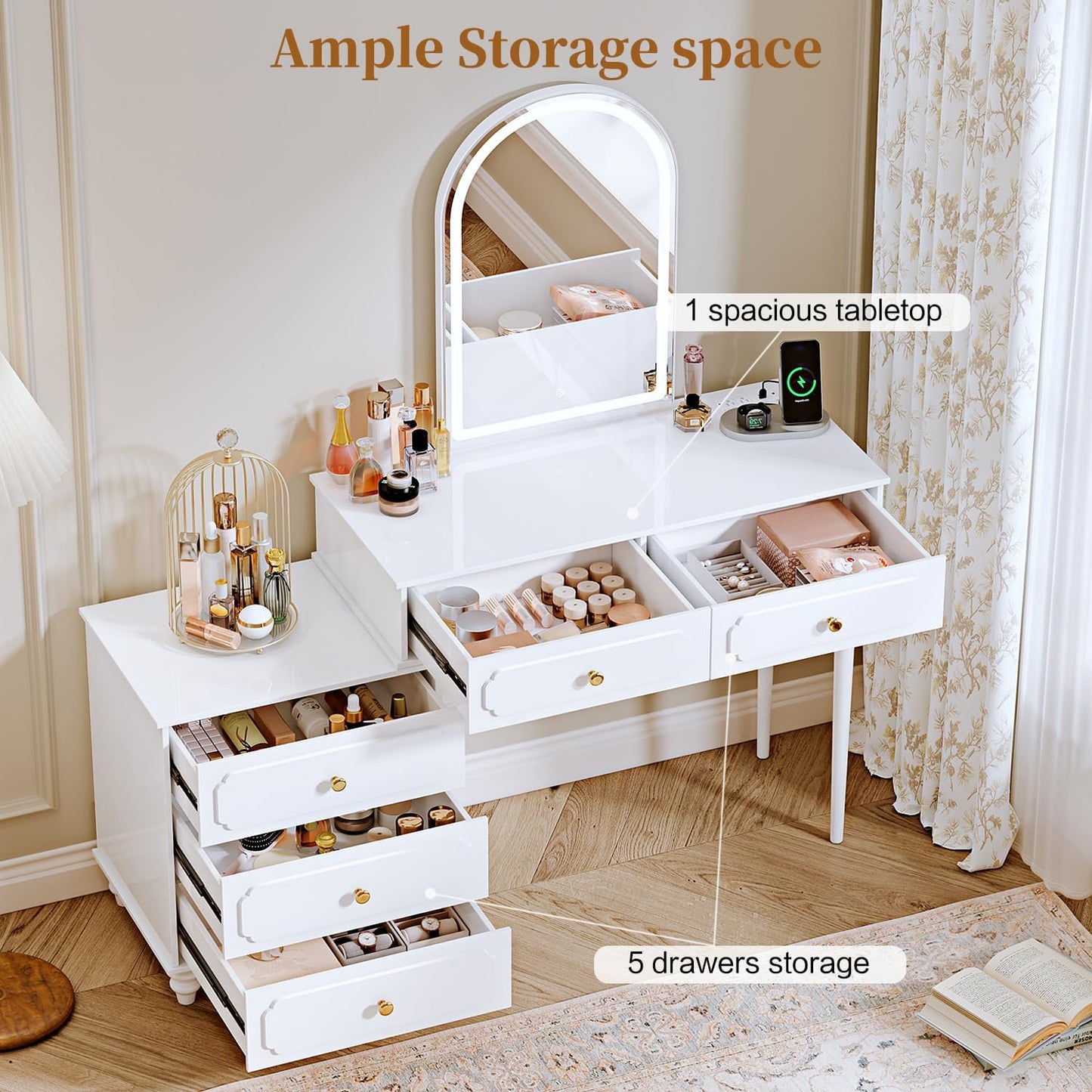 White,Vanity Desk with Mirror and Lights,Makeup Vanity with Power Outlet and Adjustable Cabinet,Modern Makeup Table with 3 Drawers for Bedroom Makeup Room