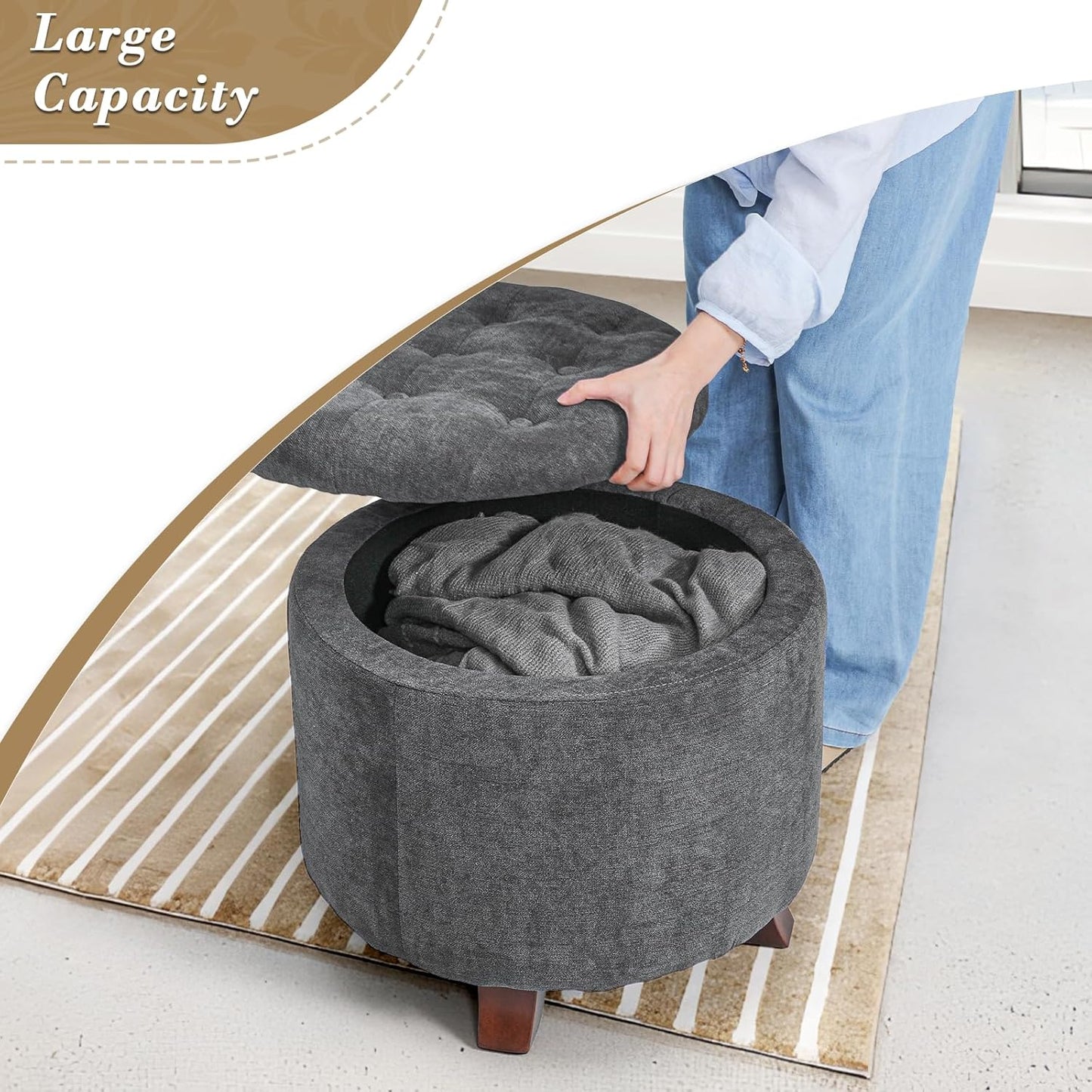 Athena Collection 20 Inch Small Ottoman with Storage, Round Linen Fabric Storage Ottoman with Removable Lid, Stylish Footstool Foot Rest for Living Room, Bedroom, Dorm, Dark Grey