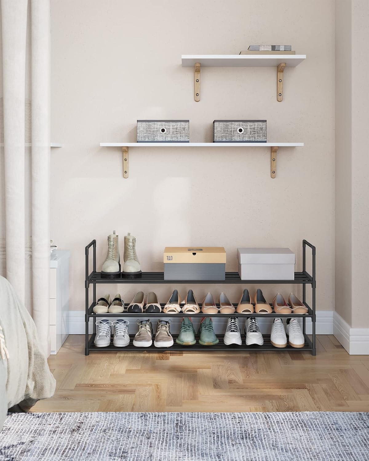 SONGMICS Shoe Rack, 3-Tier Shoe Organizer, Metal Storage Shelf, Upright or Upside Down, for 20-24 Pairs, Stackable, for Entryway, 11.8 x 46.1 x 21.7 Inches, Black ULSA033B01