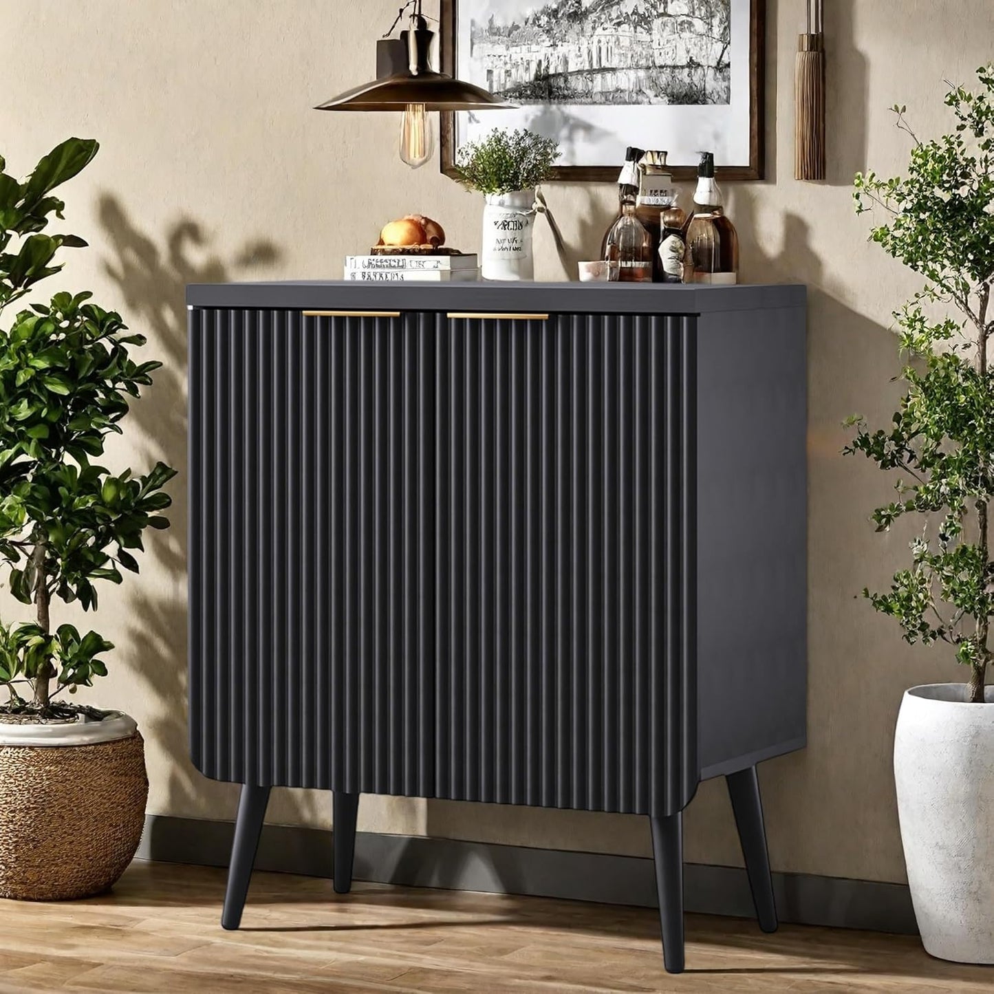 Buffet Cabinet, Sideboard Fluted Cabinet Modern Kitchen Buffet Storage Cabinets with Doors and Shelves, Wood Farmhouse Coffee Bar Station for Entryway & Dining Room & Living Room, Black