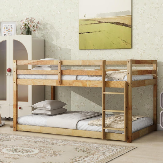 Ball & Cast Bunk Bed Twin Over Twin,Floor Bunk Bed with Ladder,Solid Rubber Wooden Bed Frame w/Full Length Guardrail,for Dormitory, No Box Spring Needed,for Kids Teens,Natural