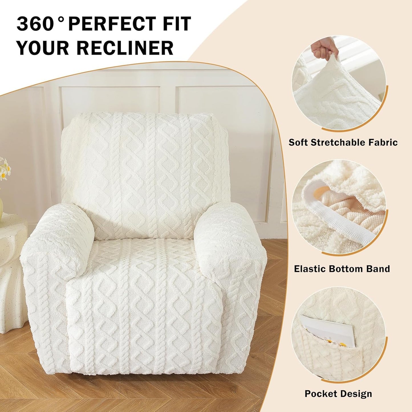 vctops 4 Pieces Geometric Jacquard Plush Recliner Slipcovers Soft Fuzzy Fluffy Sofa Couch Cover Anti-Slip Furniture Protector with Elastic Bottom for Kids Cats Dogs(Cream,1 Seat)