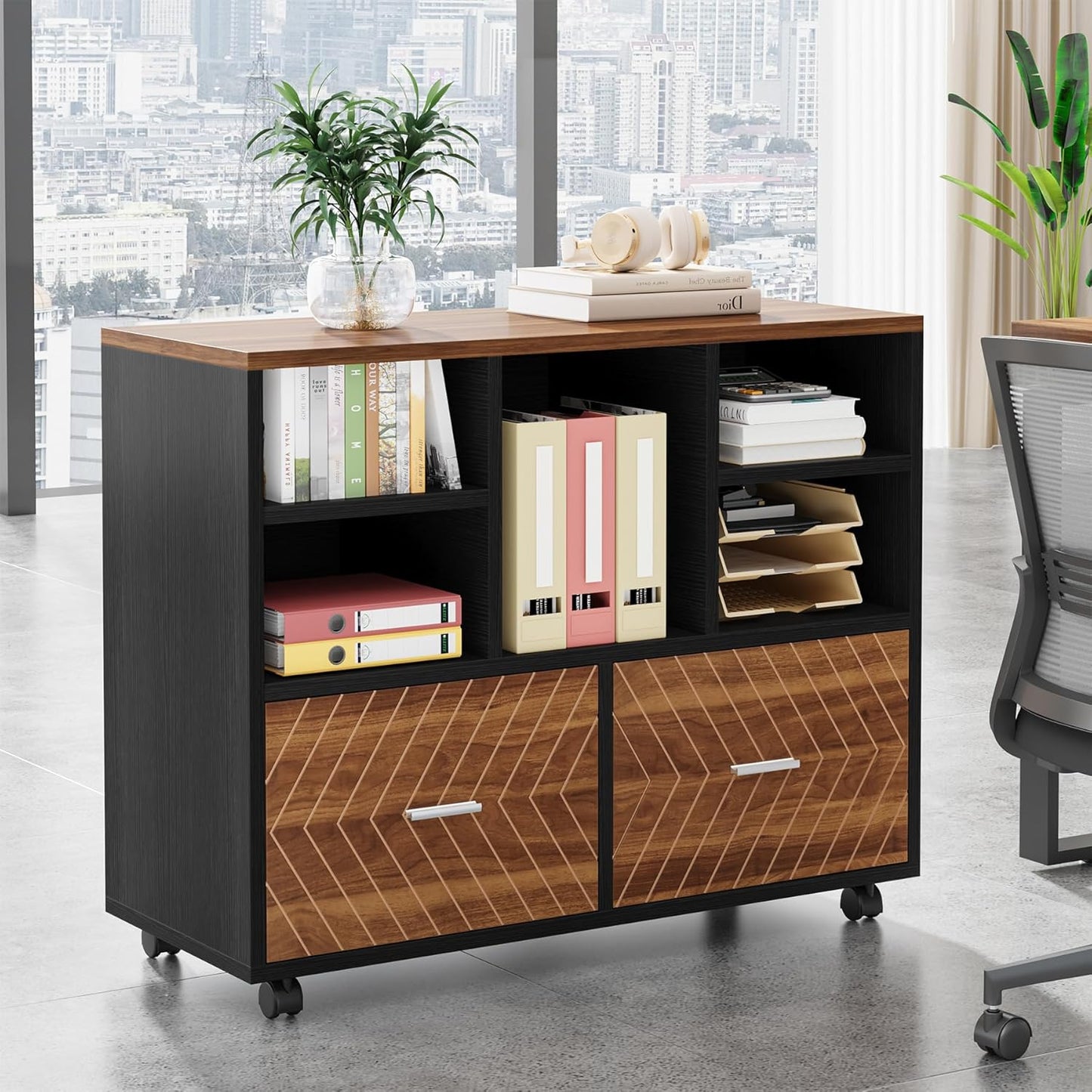 Tribesigns 2-Drawer Wood File Cabinet, Mobile Lateral Filing Cabinet for Hanging Letter Size Files, Printer Stand with Open Storage Shelves for Home Office (Walnut & Black)