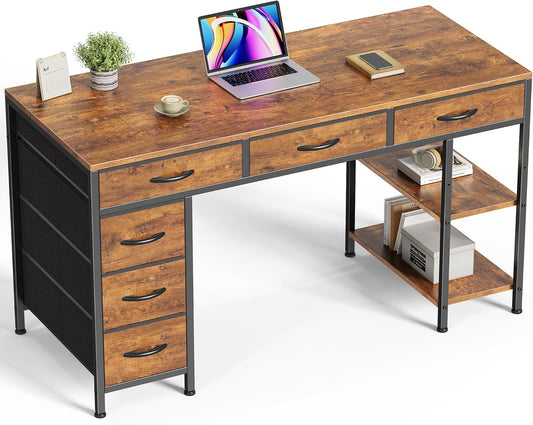 Huuger Computer Desk with 6 Drawers, 47 Inch Office Desk with Shelves, Reversible Gaming Desk, Corner Desk with Storage, Work for Home Office, Study, Living Room, Rustic Brown
