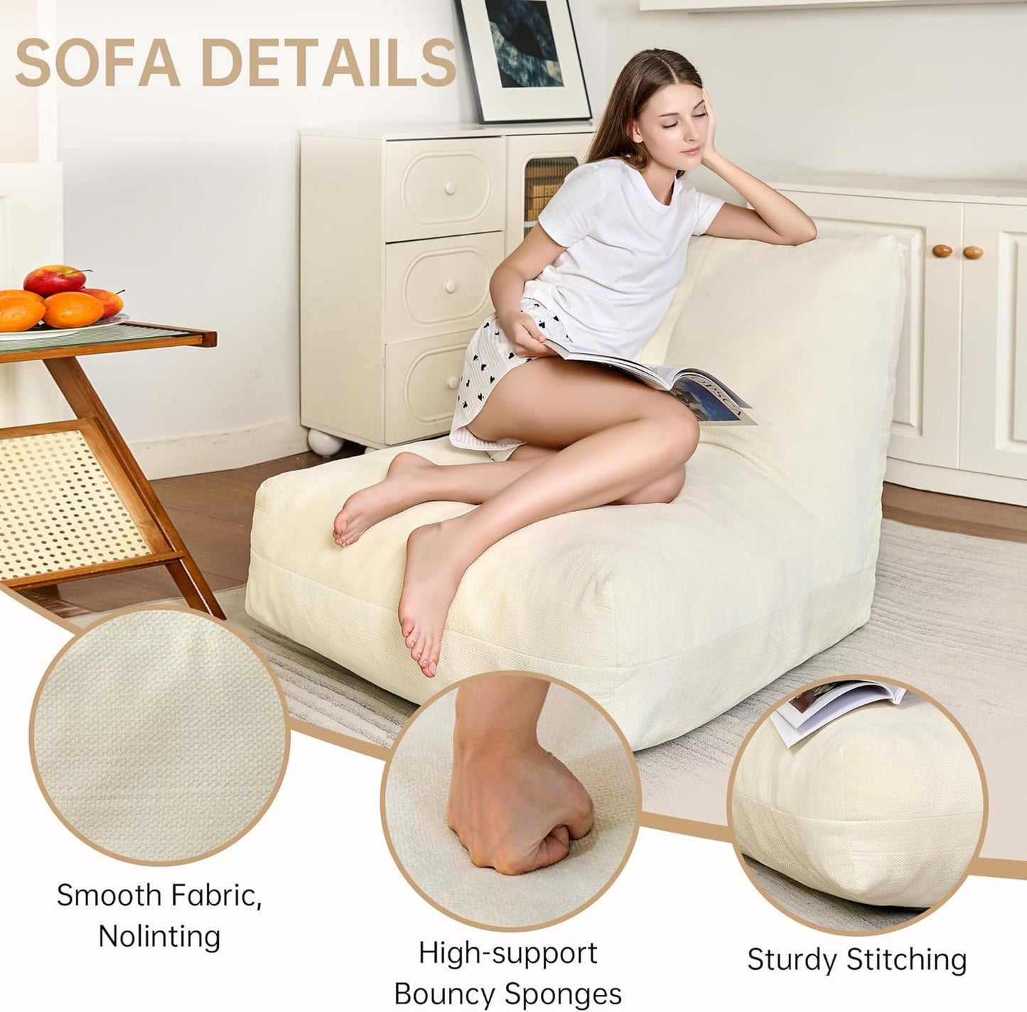 Bean Bag Chairs for Adults, Memory Foam Bean Bag Chair, Spacious Single Sofa, Ergonomic Support Reading Floor Sofa Chair with Filler, Comfy Cozy Beanbag Couch for Bedroom Living Room (Beige)