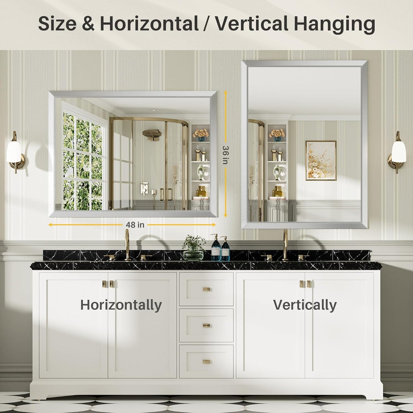 48x36 Inch Silver Bathroom Mirror for Wall, Thick Metal Framed Rectangle Mirrors for Over Sink, Bedroom, Living Room, Entryway, Anti-Rust, HD Tempered Glass