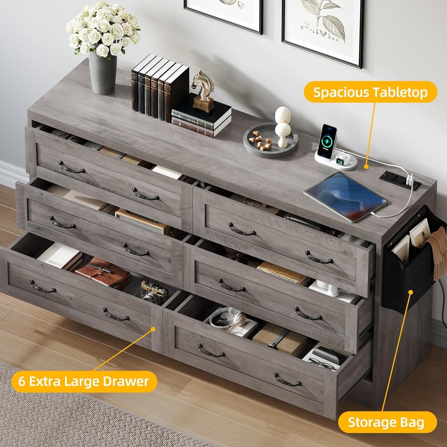 YITAHOME 6 Drawers TV Stand for 65 inches with Power Outlets -Chest of Drawers Dresser with Side Organizer Bag Entertainment Center TV Console, Grey