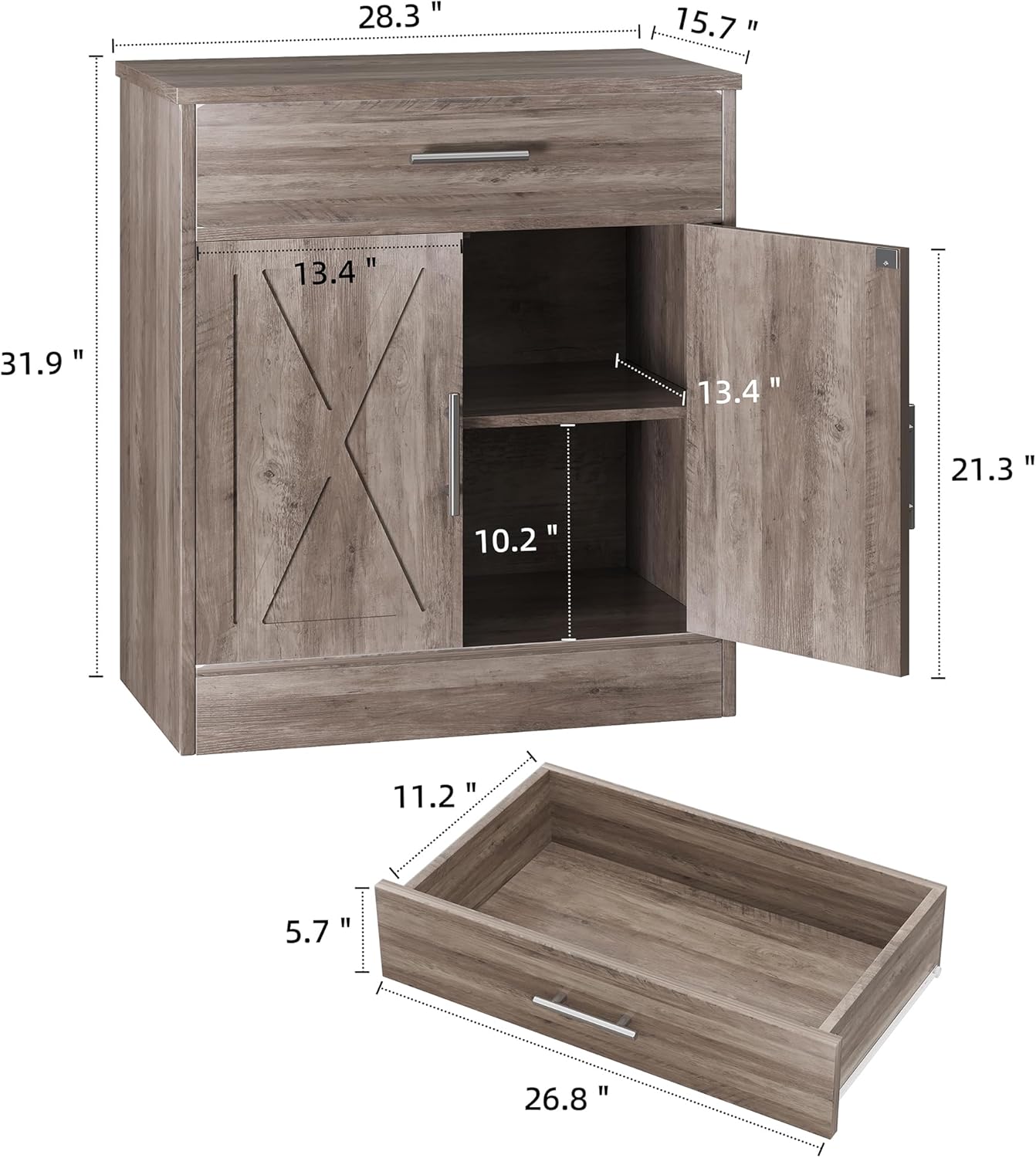 Shintenchi Farmhouse Storage Cabinets with Doors and Shelves,Kitchen Barn Door Storage Cabinet with Drawers,Coffee Bar Cabinet Buffest Sideboard for Dining Room,Living Room,Bathroom,Entryway,Ash Grey