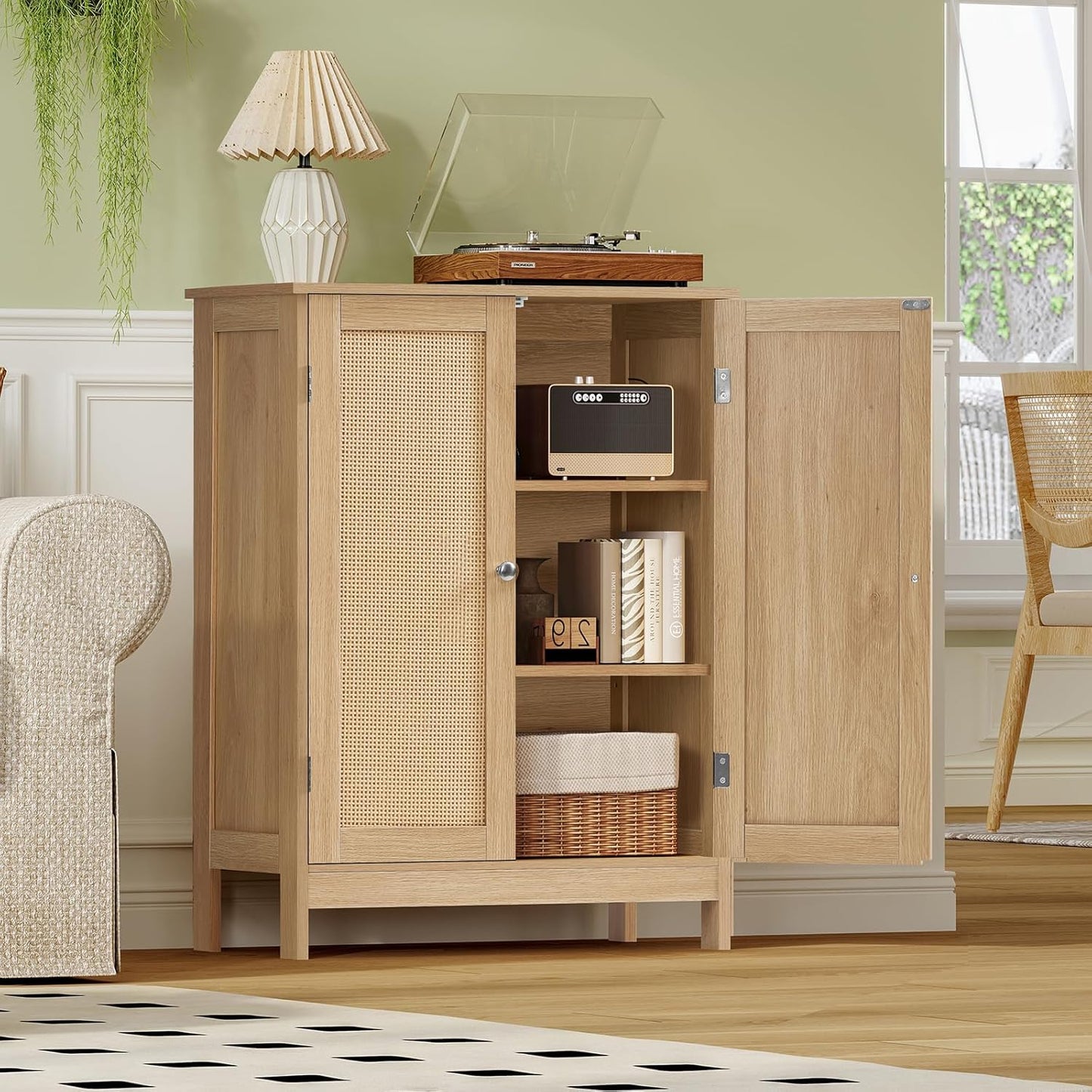 Iwell Storage Cabinet, Rattan Cabinet with Adjustable Shelf, for Living Room, Entryway, Kitchen, Home Office, Nature