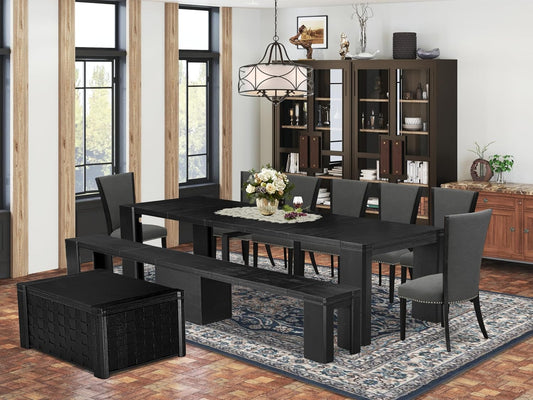 X07VE-BC6-50 - 10-Pc Dining Table Set a Kitchen Table with a coffee Table and wooden Bench & 7 Dark Gotham Grey Linen Fabric Dinner Chair, 39x120 Inch, Wire Brushed Black