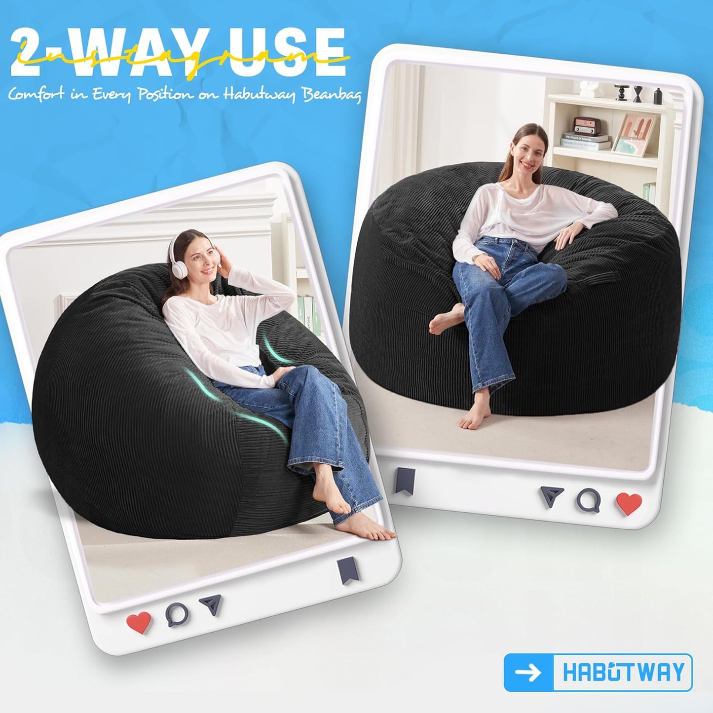 HABUTWAY 4FT Bean Bag Chair,Giant Bean Bag Chairs for Adults,Big Bean Bags with Memory Foam Filled, Large Beanbag Chairs with Soft Corduroy Cover-Black