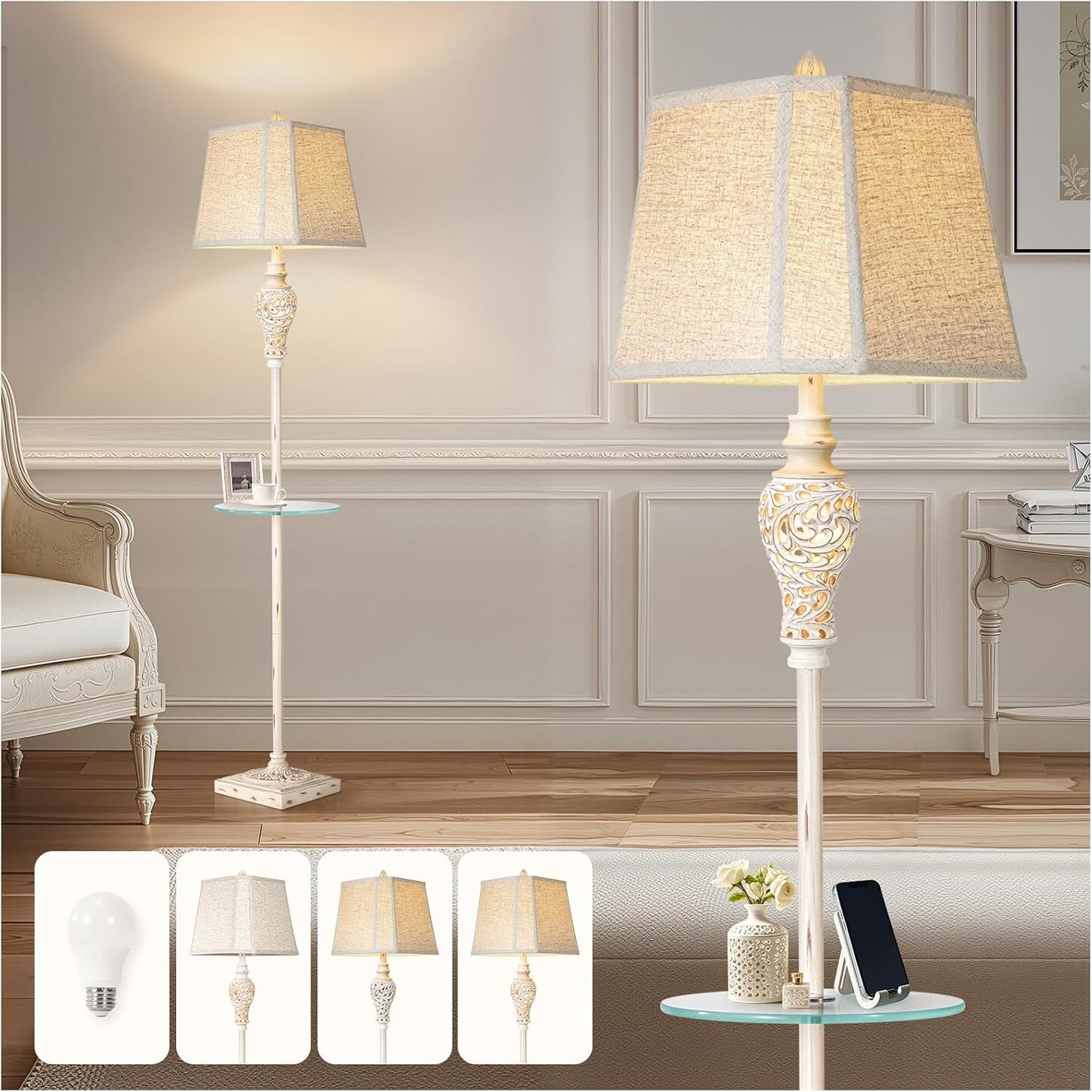 Vintage Floor Lamp with Nightlight and Glass Tray, Farmhouse Standing Lamp with White Washed Finish and Linen Shade, 65" Rustic Tall Lamp Decor for Living Room, Bedroom, Office, House (Bulb Included)