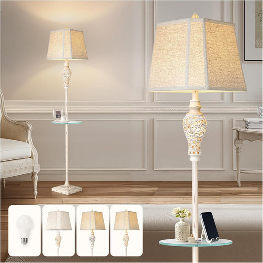 Vintage Floor Lamp with Nightlight and Glass Tray, Farmhouse Standing Lamp with White Washed Finish and Linen Shade, 65" Rustic Tall Lamp Decor for Living Room, Bedroom, Office, House (Bulb Included)