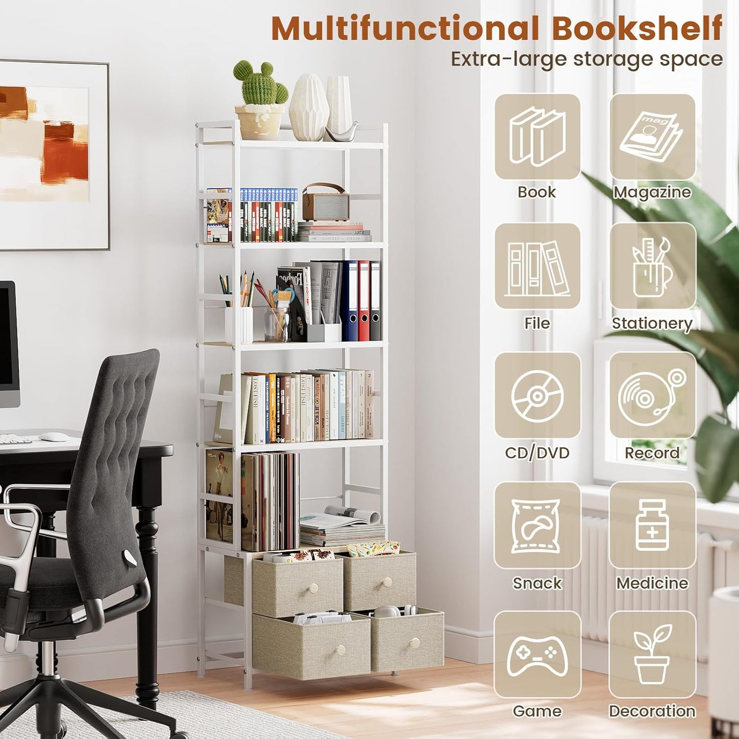 5 Tier Bookshelf, Modern Bookcase with Bookends and 4 Drawers Storage Organizer, Metal Industrial Display Shelf, Free Standing Storage Shelving Unit for Bedroom, Living Room and Home Office