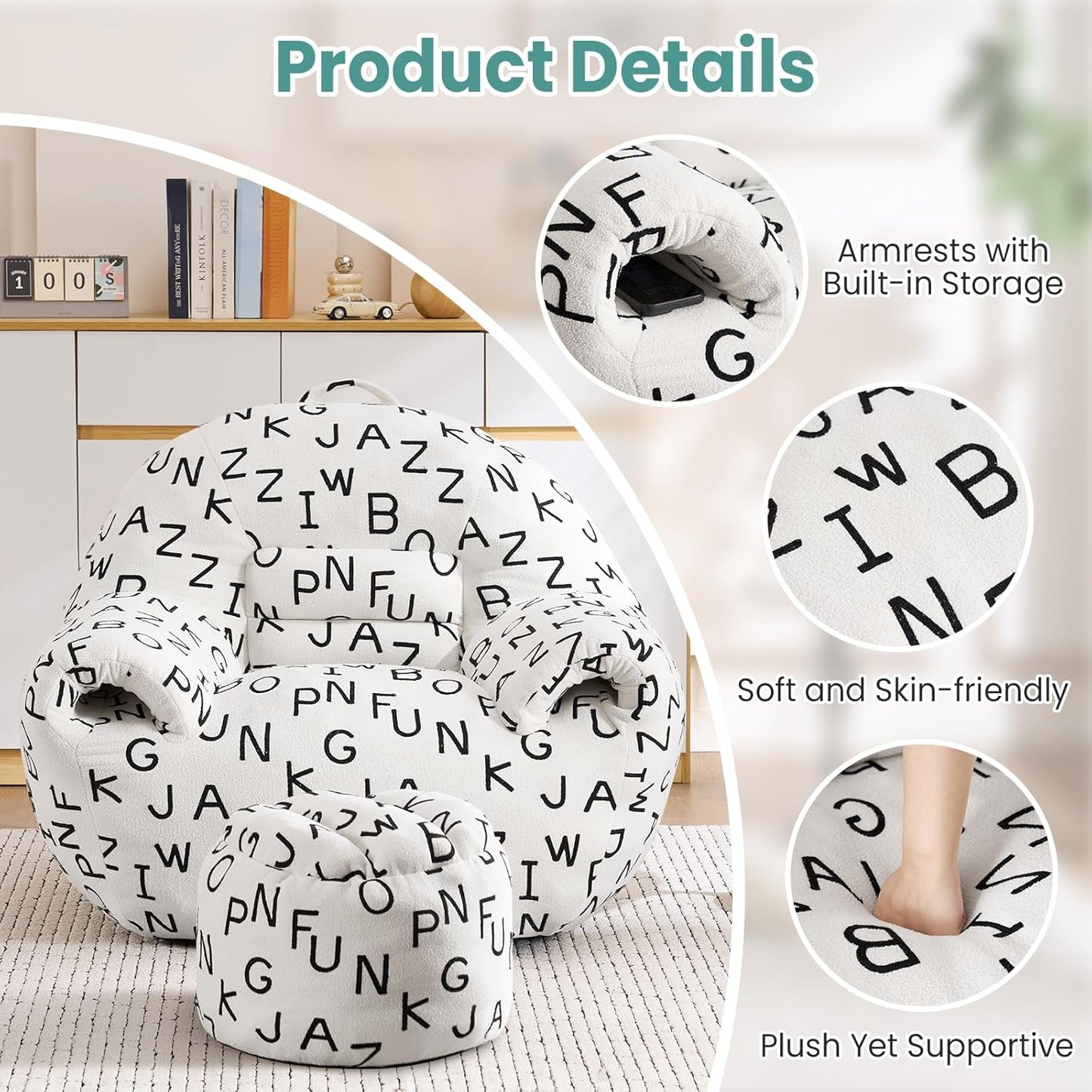 DAICO Bean Bag Chairs for Adults Comfy Accent Chair with Ottoman Floor Sofa Beanbag Couch with Armrests White Single Lazy Sofas with Foam for Living Room Reading Bedroom Gaming (Letter Pattern)